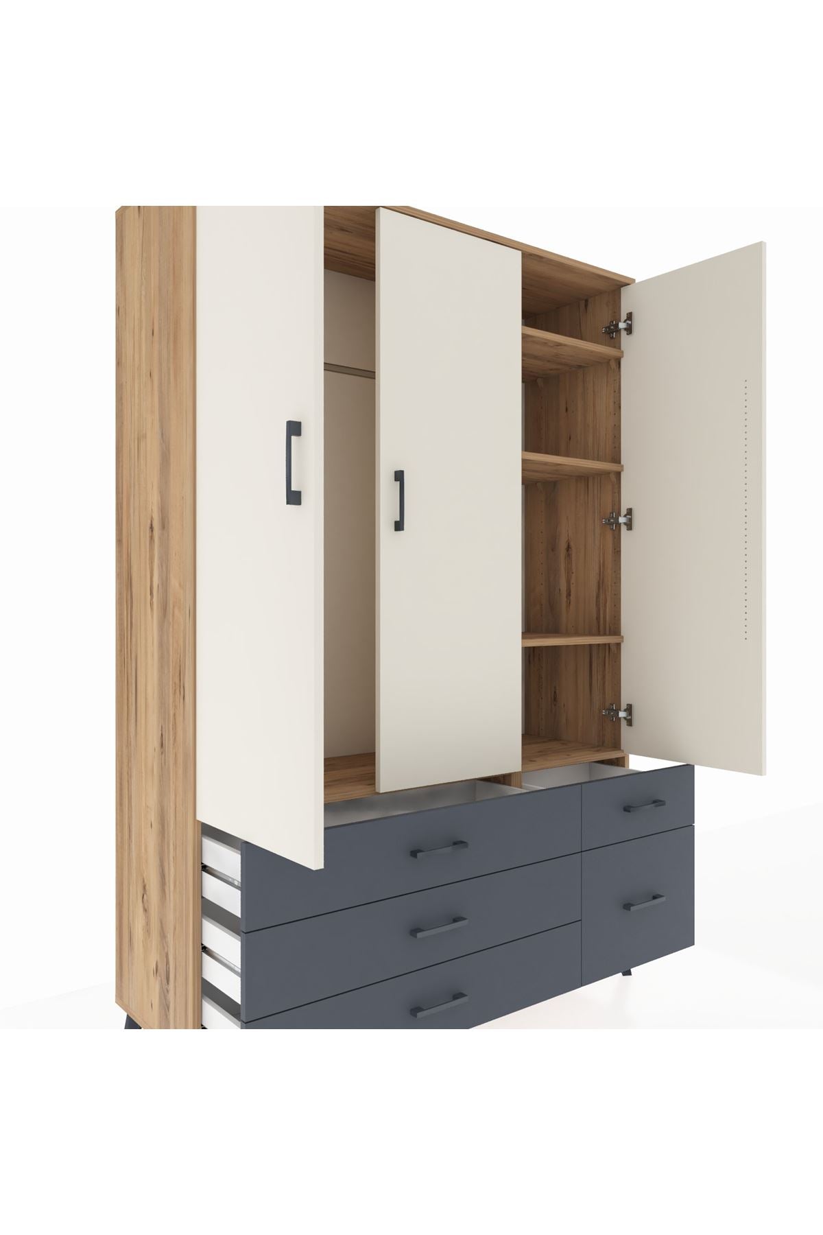 Hyperion Dolap 5 Raflı 5 Çekmeceli Tek Askılı 132x44x195 Çam-Aytaşı/Antrasit