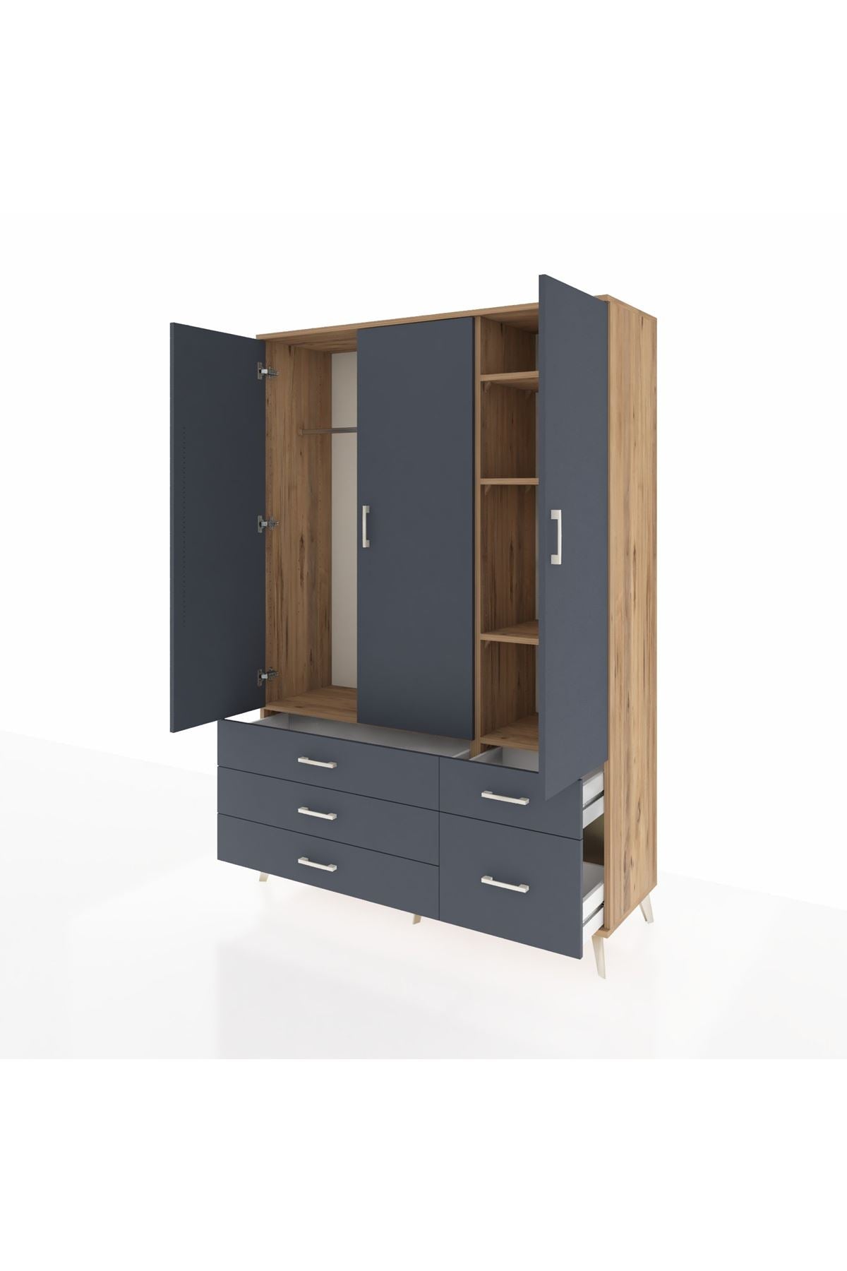 Hyperion Dolap 5 Raflı 5 Çekmeceli Tek Askılı 132x44x195 Çam-Antrasit/Antrasit