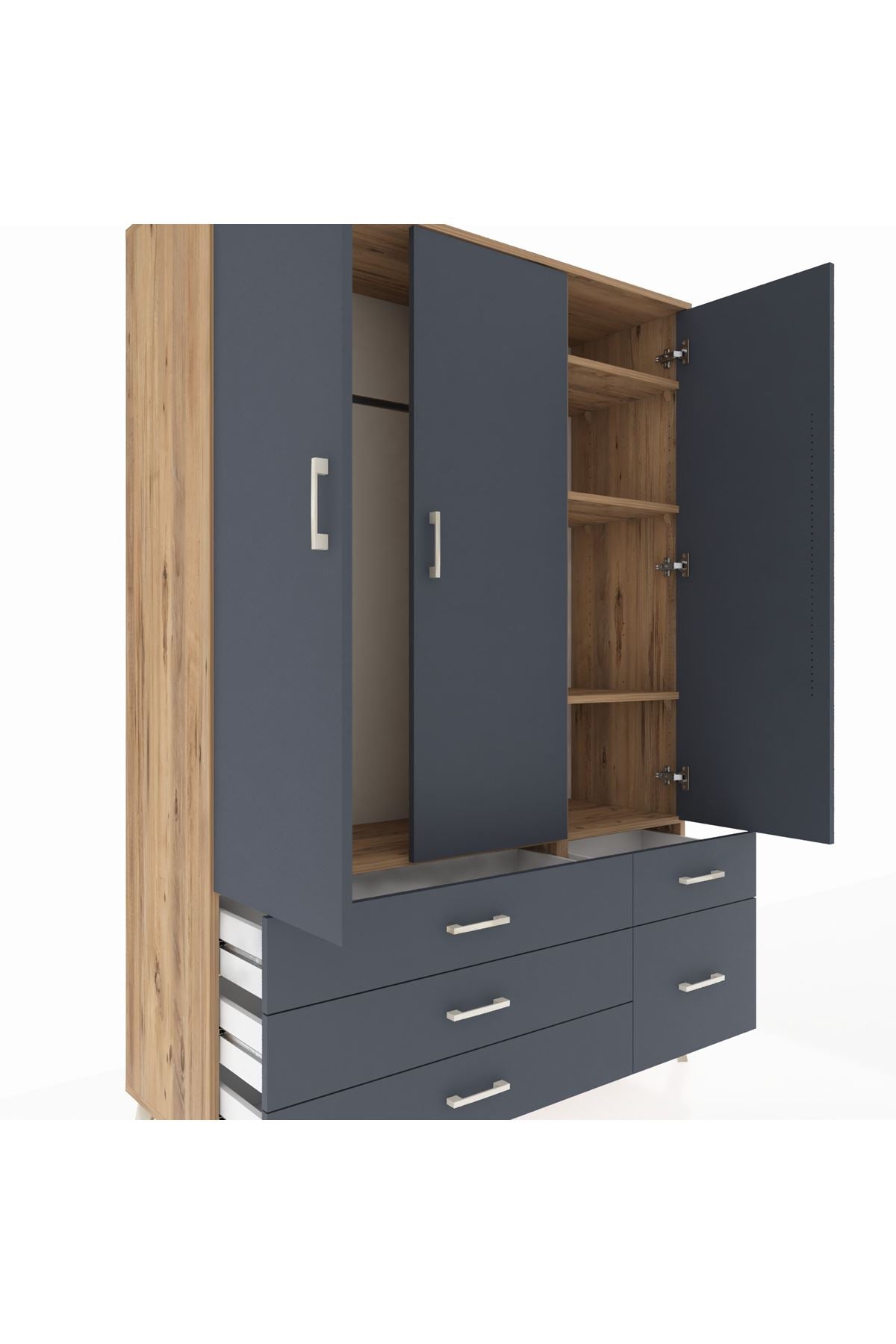 Hyperion Dolap 5 Raflı 5 Çekmeceli Tek Askılı 132x44x195 Çam-Antrasit/Antrasit
