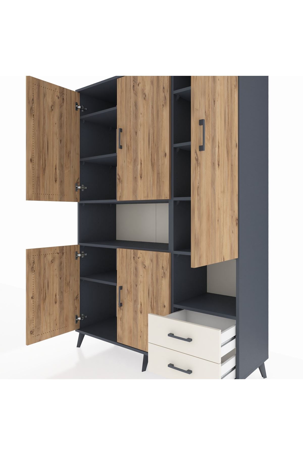 Hyperion Dolap 10 Raflı 2 Çekmeceli 5 Kapaklı 132x44x195 Antrasit-Çam/Aytaşı