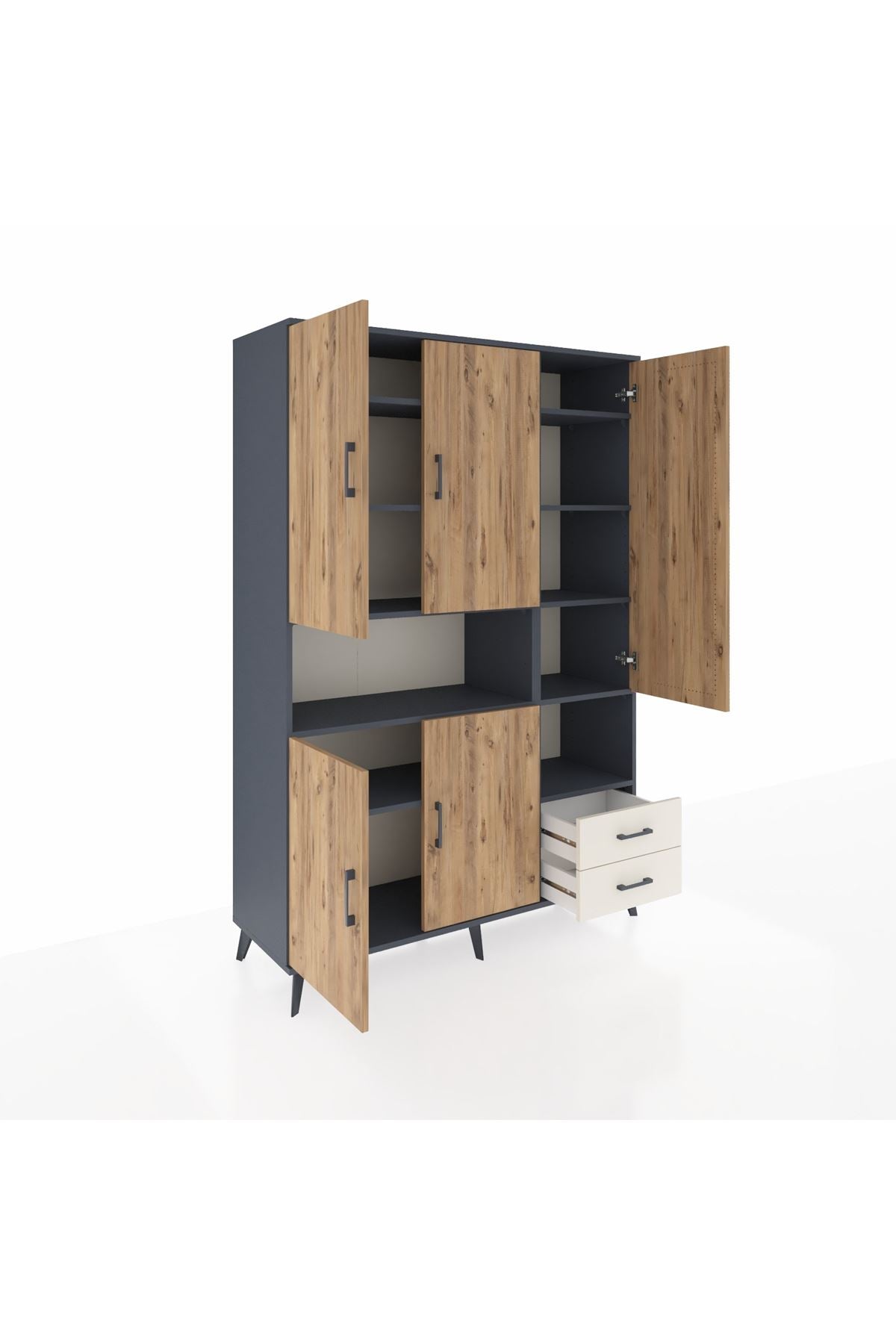 Hyperion Dolap 10 Raflı 2 Çekmeceli 5 Kapaklı 132x44x195 Antrasit-Çam/Aytaşı