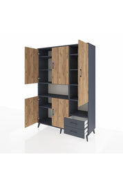 Hyperion Dolap 10 Raflı 2 Çekmeceli 5 Kapaklı 132x44x195 Antrasit-Çam/Antrasit