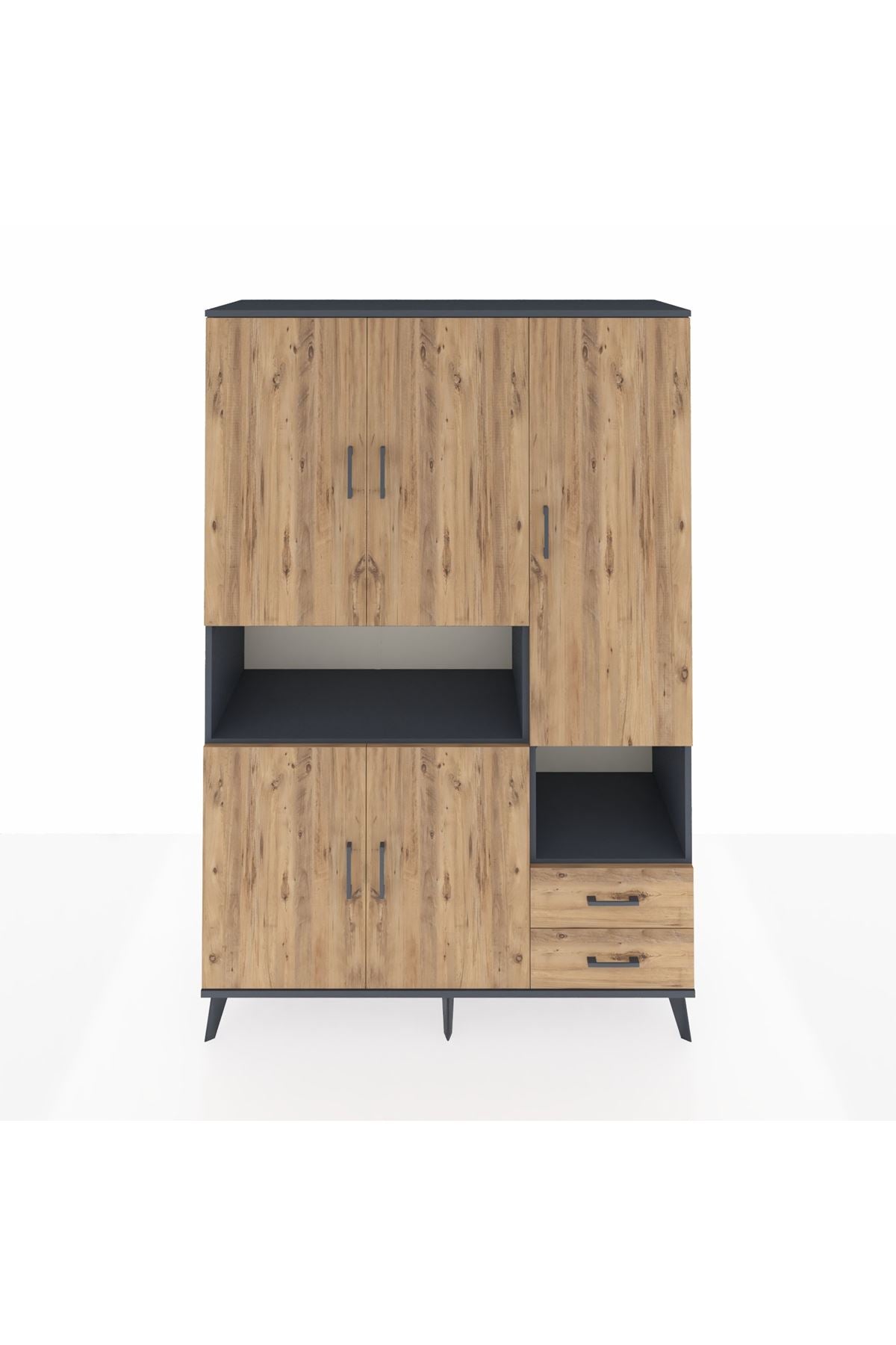 Hyperion Dolap 10 Raflı 2 Çekmeceli 5 Kapaklı 132x44x195 Antrasit-Çam/Çam