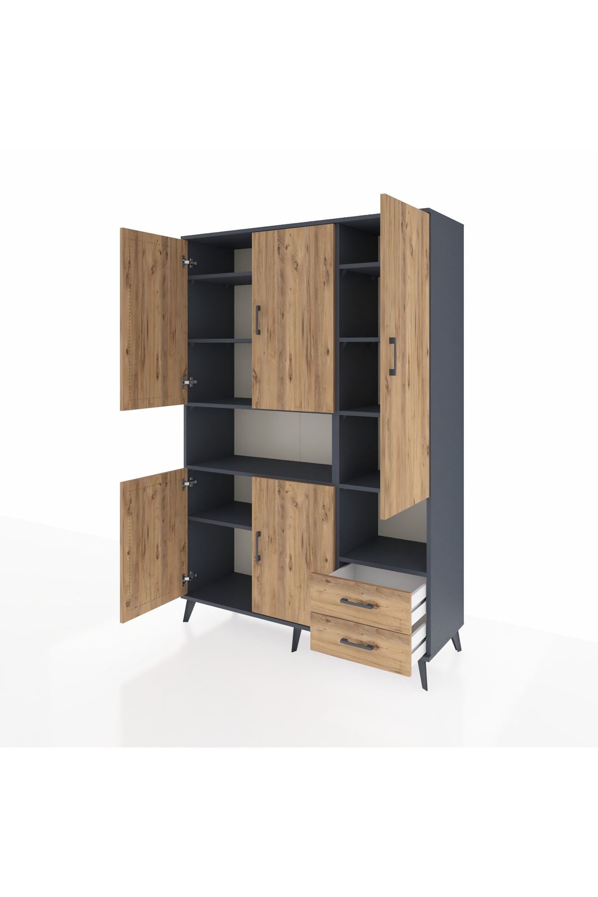 Hyperion Dolap 10 Raflı 2 Çekmeceli 5 Kapaklı 132x44x195 Antrasit-Çam/Çam