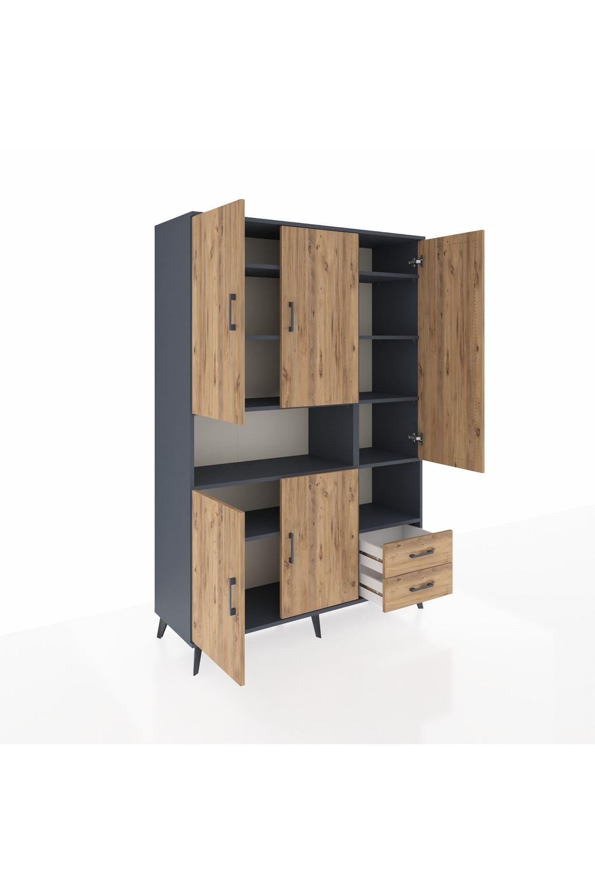 Hyperion Dolap 10 Raflı 2 Çekmeceli 5 Kapaklı 132x44x195 Antrasit-Çam/Çam