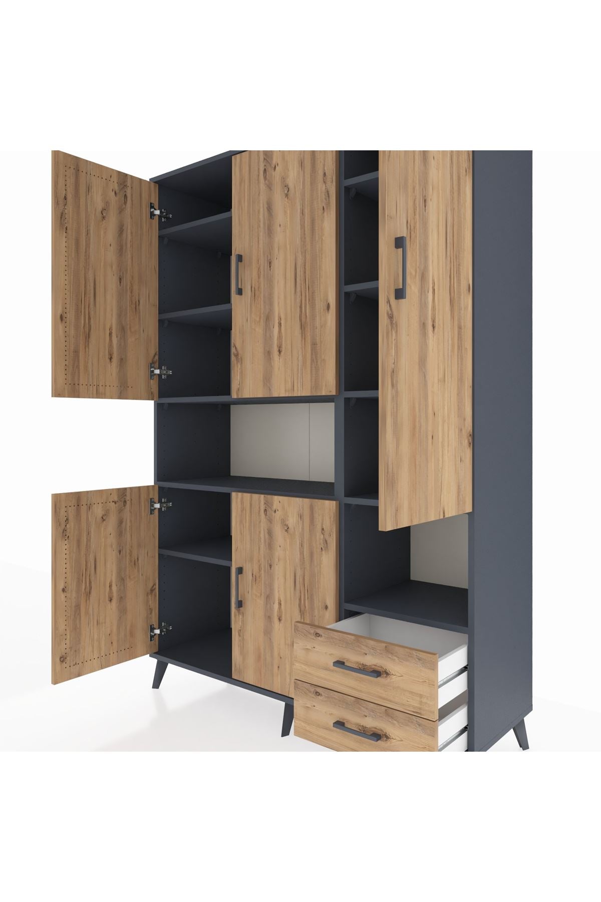 Hyperion Dolap 10 Raflı 2 Çekmeceli 5 Kapaklı 132x44x195 Antrasit-Çam/Çam