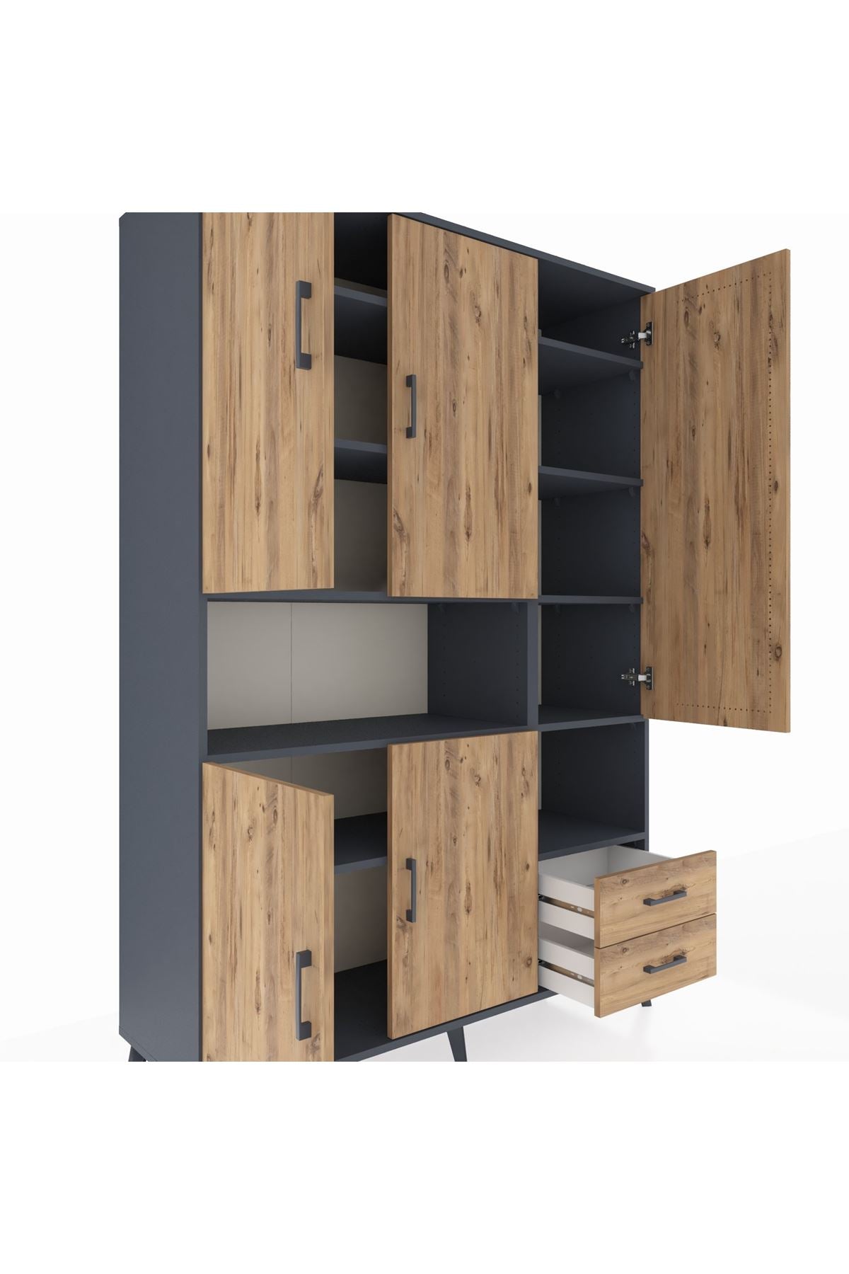 Hyperion Dolap 10 Raflı 2 Çekmeceli 5 Kapaklı 132x44x195 Antrasit-Çam/Çam