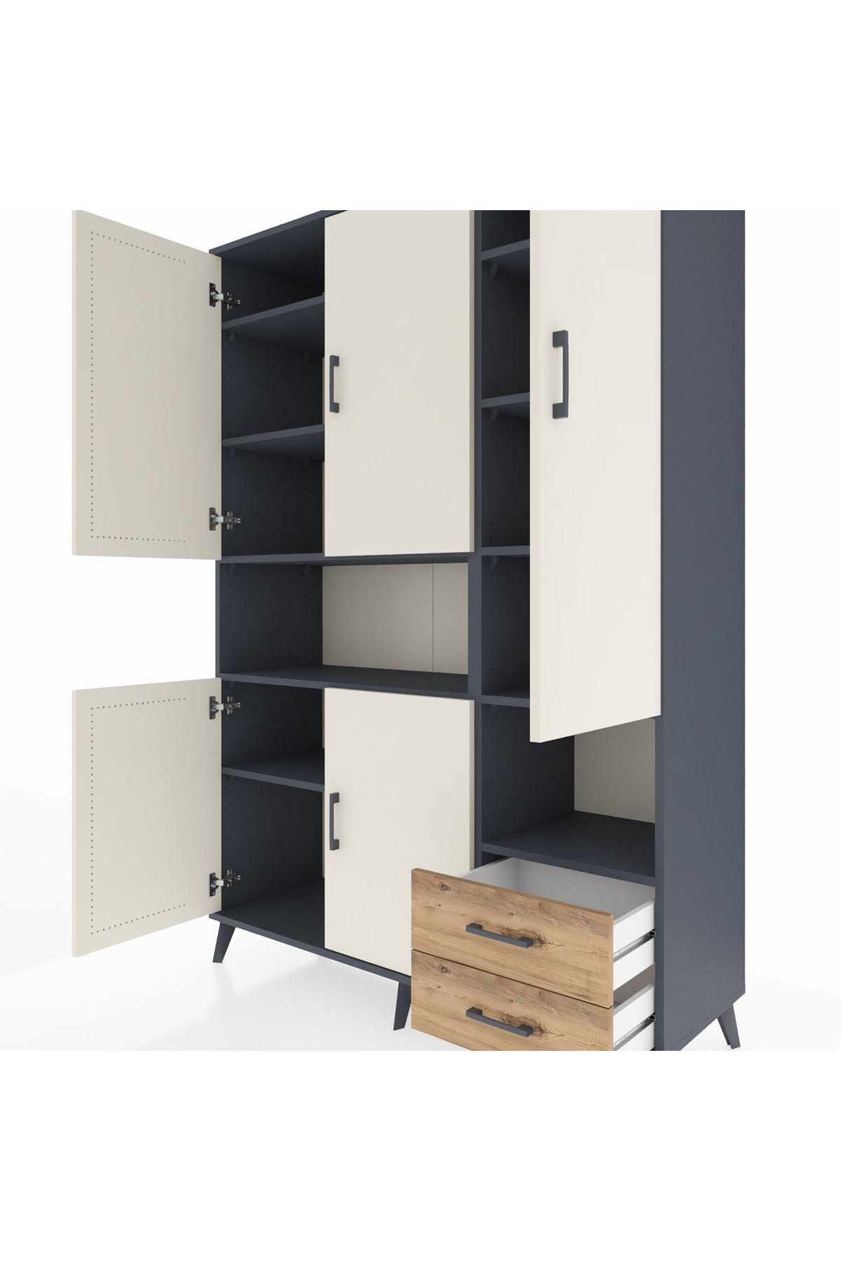 Hyperion Dolap 10 Raflı 2 Çekmeceli 5 Kapaklı 132x44x195 Antrasit-Aytaşı/Çam