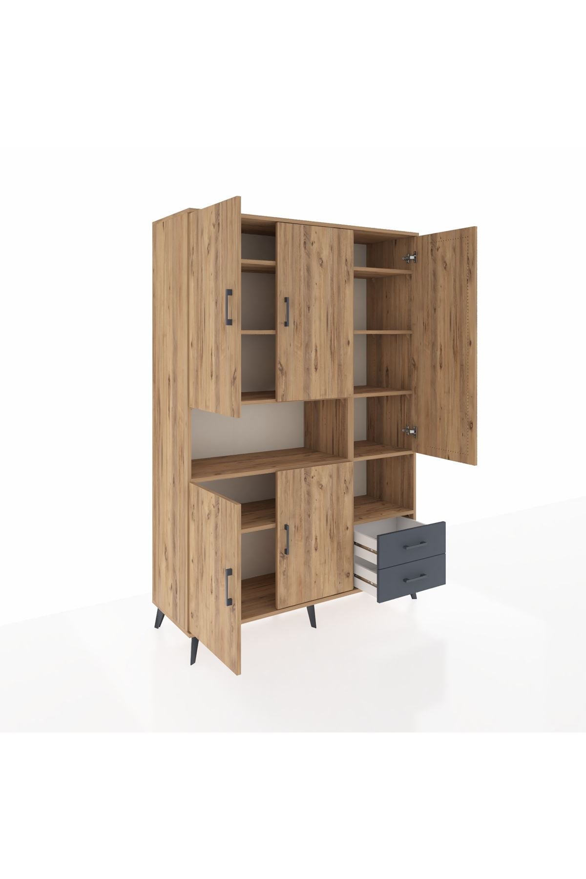 Hyperion Dolap 10 Raflı 2 Çekmeceli 5 Kapaklı 132x44x195 Çam-Çam/Antrasit