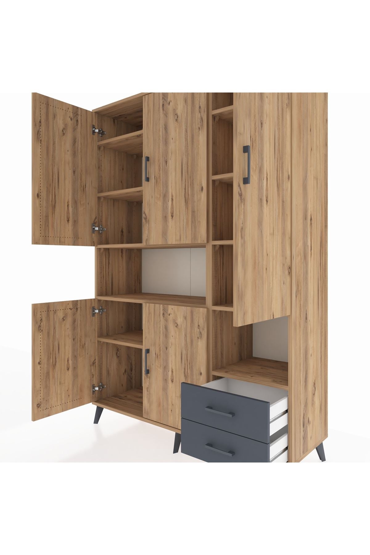 Hyperion Dolap 10 Raflı 2 Çekmeceli 5 Kapaklı 132x44x195 Çam-Çam/Antrasit