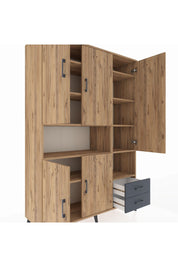 Hyperion Dolap 10 Raflı 2 Çekmeceli 5 Kapaklı 132x44x195 Çam-Çam/Antrasit