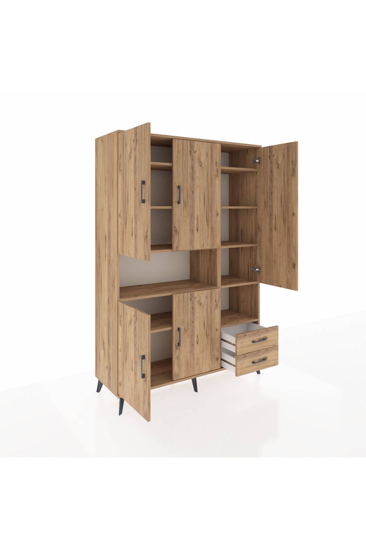 Hyperion Dolap 10 Raflı 2 Çekmeceli 5 Kapaklı 132x44x195 Çam-Çam/Çam