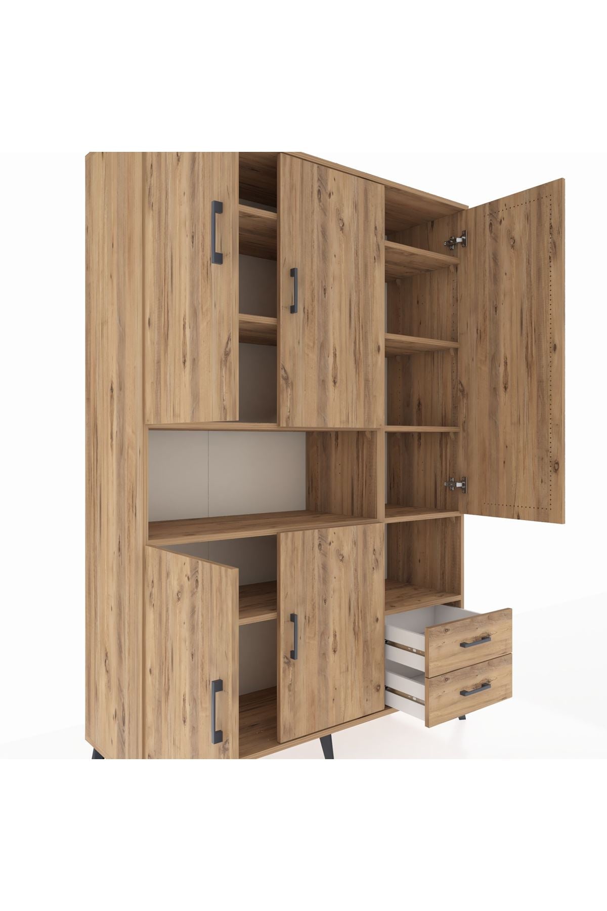 Hyperion Dolap 10 Raflı 2 Çekmeceli 5 Kapaklı 132x44x195 Çam-Çam/Çam