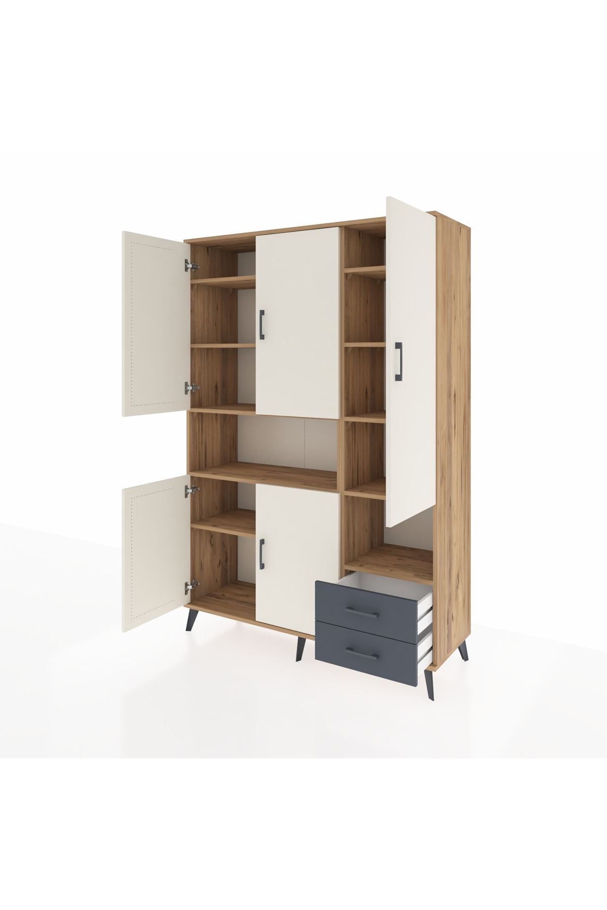 Hyperion Dolap 10 Raflı 2 Çekmeceli 5 Kapaklı 132x44x195 Çam-Aytaşı/Antrasit