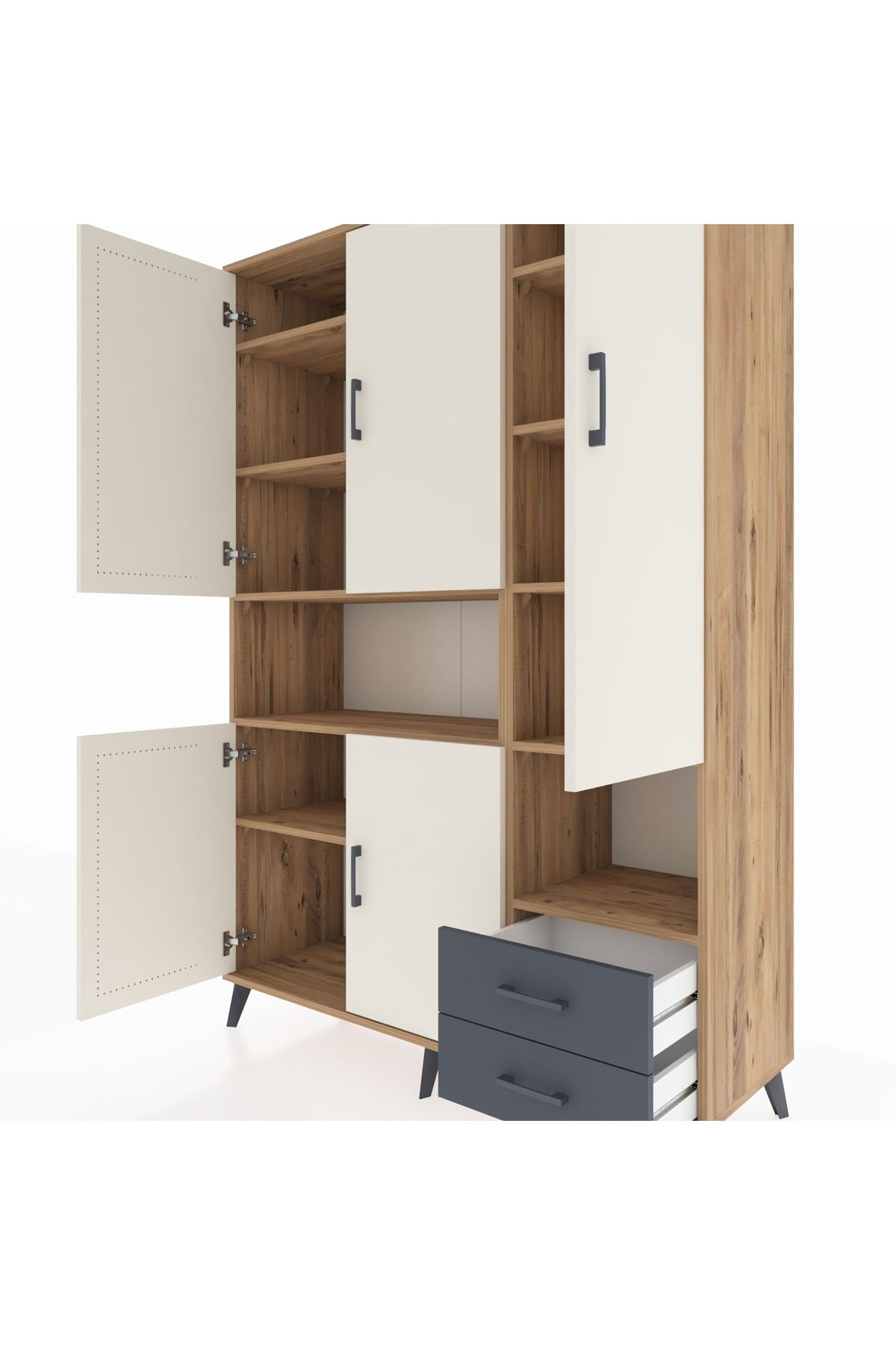 Hyperion Dolap 10 Raflı 2 Çekmeceli 5 Kapaklı 132x44x195 Çam-Aytaşı/Antrasit