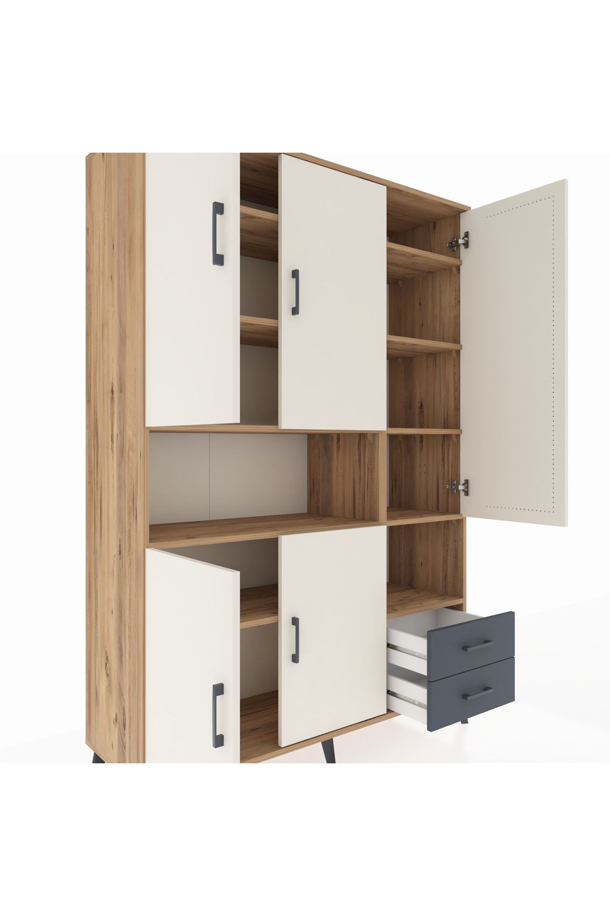 Hyperion Dolap 10 Raflı 2 Çekmeceli 5 Kapaklı 132x44x195 Çam-Aytaşı/Antrasit