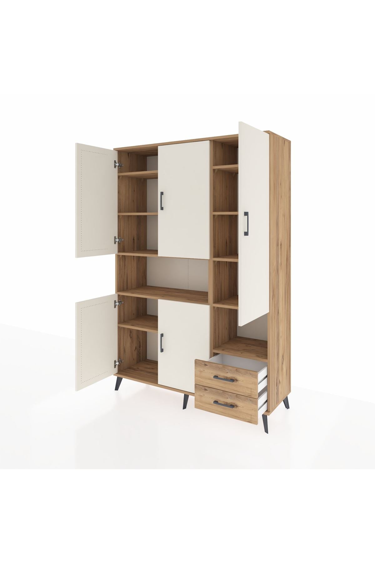 Hyperion Dolap 10 Raflı 2 Çekmeceli 5 Kapaklı 132x44x195 Çam-Aytaşı/Çam