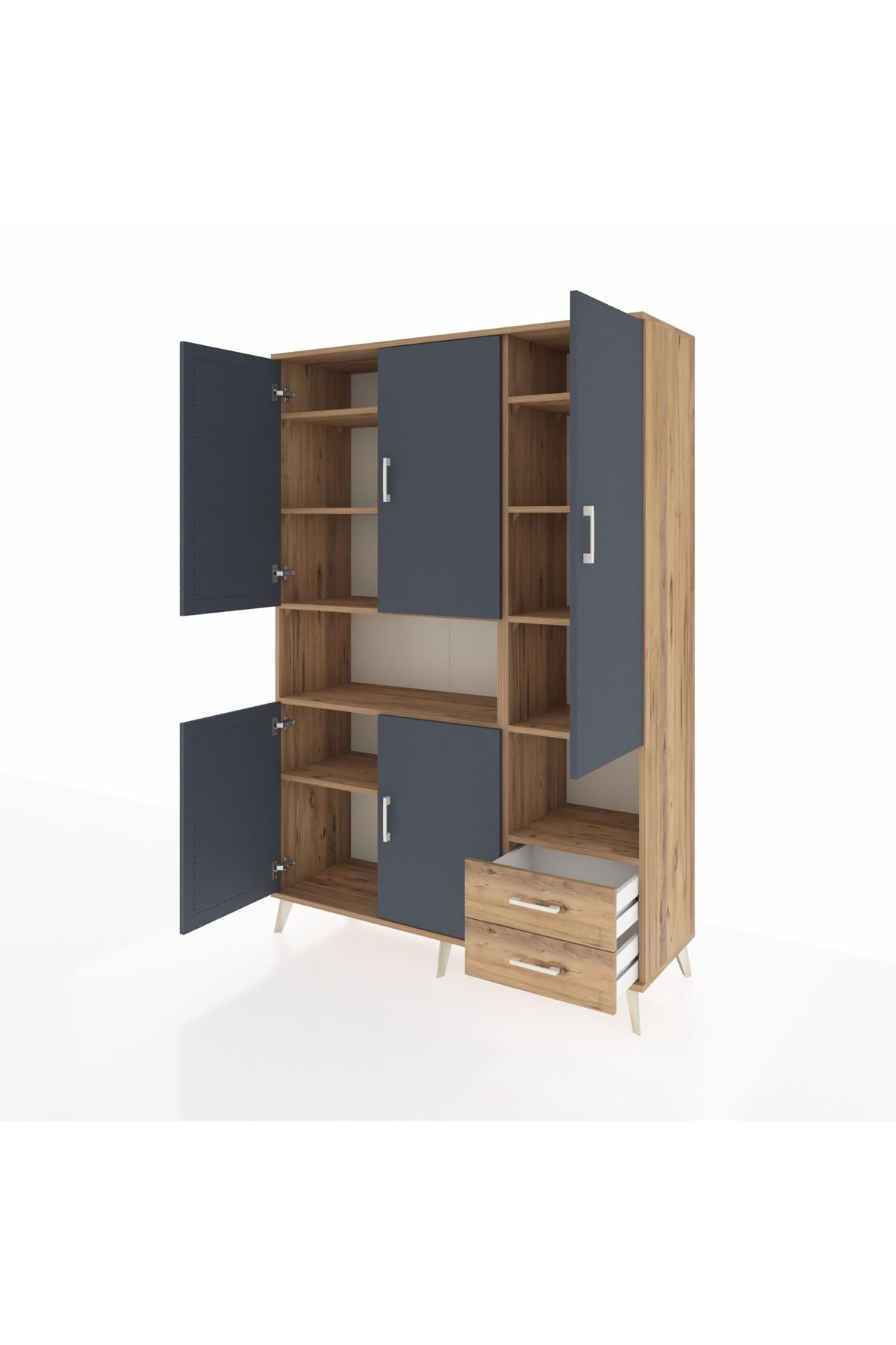 Hyperion Dolap 10 Raflı 2 Çekmeceli 5 Kapaklı 132x44x195 Çam-Antrasit/Çam