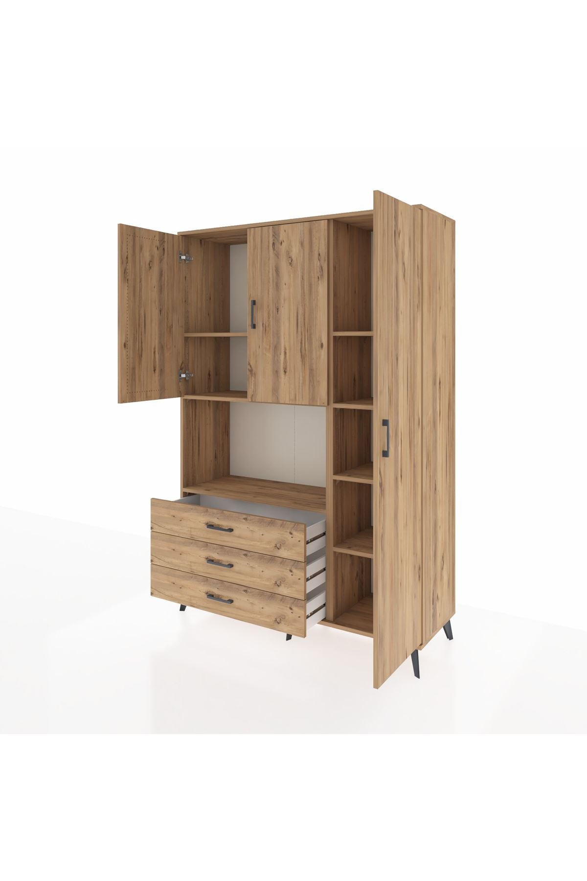 Hyperion Dolap 7 Raflı 3 Çekmeceli 3 Kapaklı 132x44x195 Çam-Çam/Çam