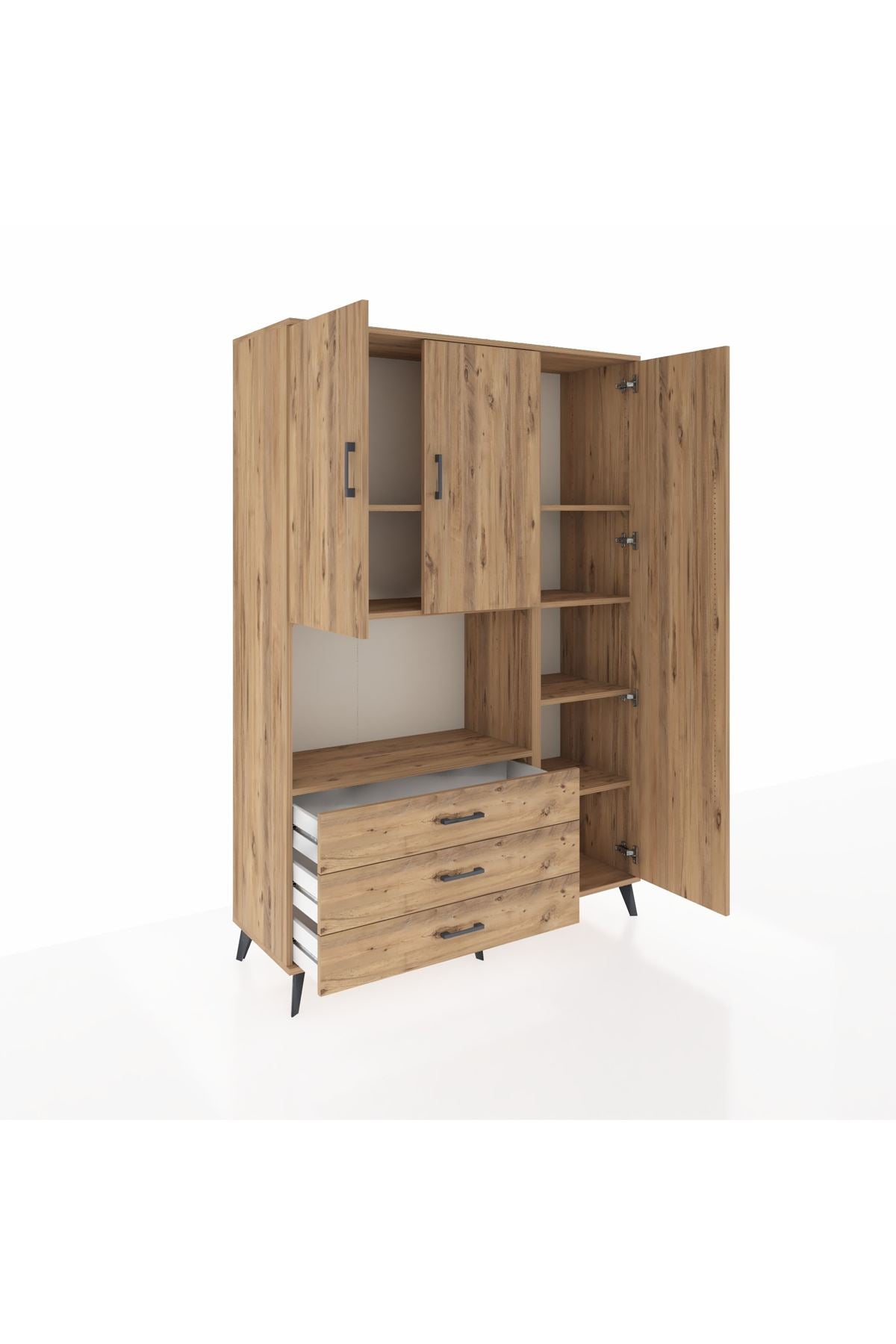 Hyperion Dolap 7 Raflı 3 Çekmeceli 3 Kapaklı 132x44x195 Çam-Çam/Çam