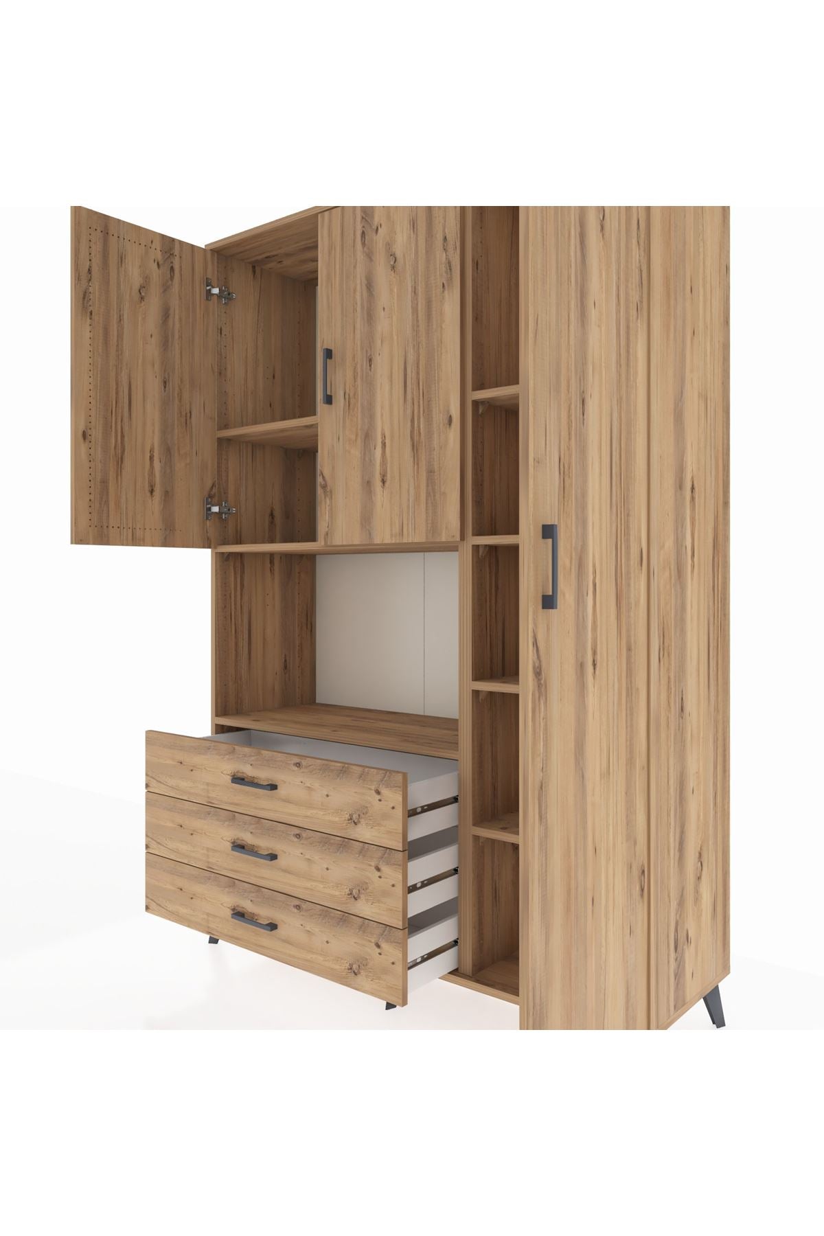 Hyperion Dolap 7 Raflı 3 Çekmeceli 3 Kapaklı 132x44x195 Çam-Çam/Çam