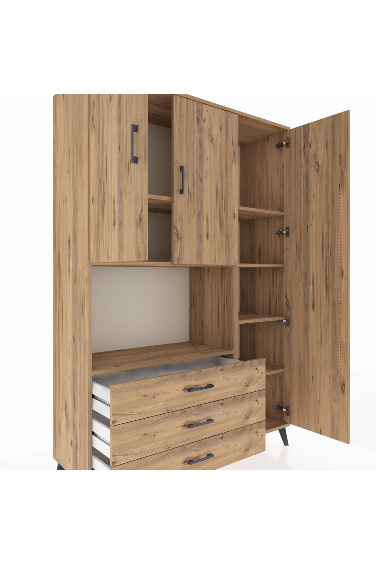 Hyperion Dolap 7 Raflı 3 Çekmeceli 3 Kapaklı 132x44x195 Çam-Çam/Çam