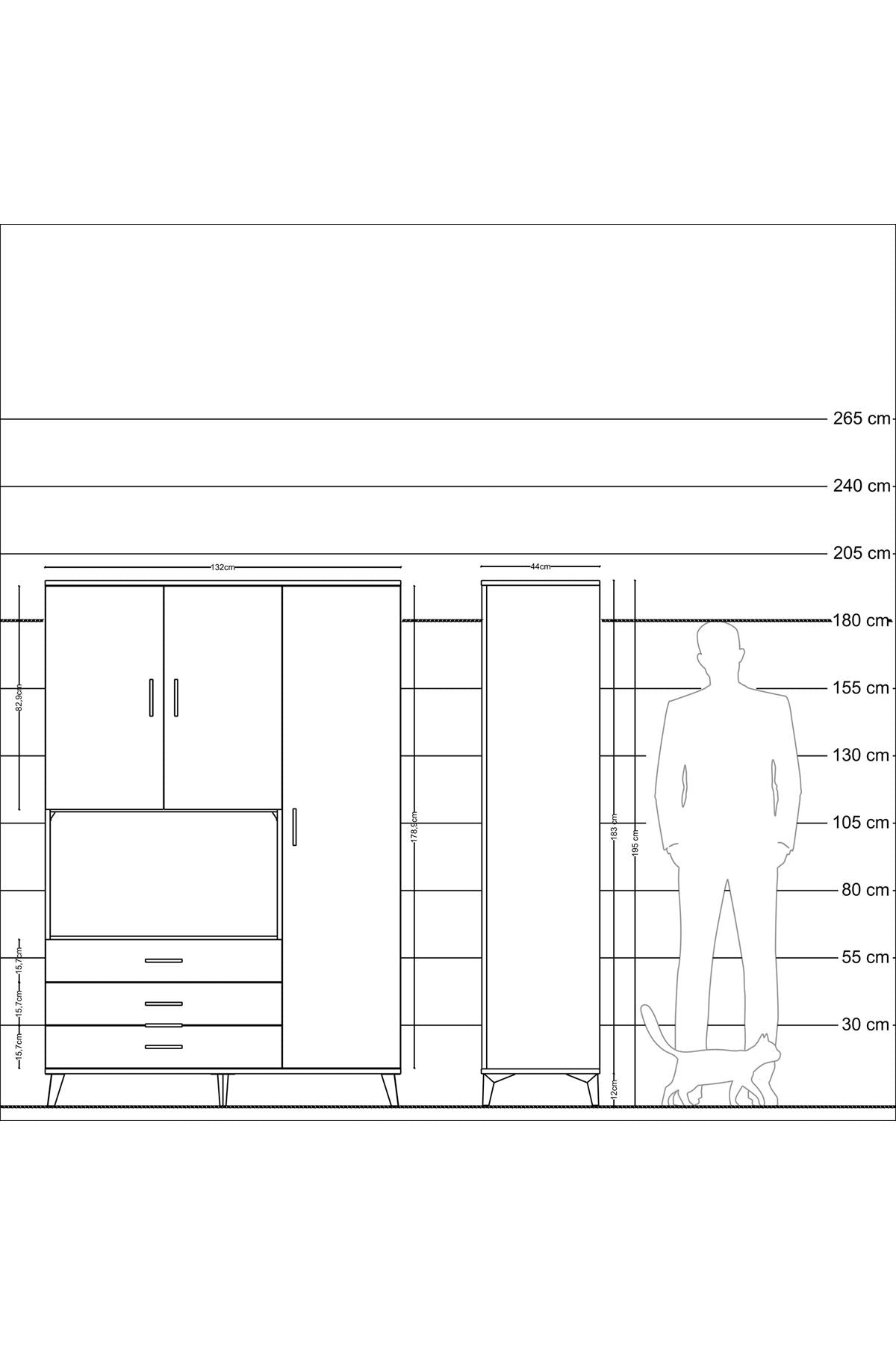 Hyperion Dolap 7 Raflı 3 Çekmeceli 3 Kapaklı 132x44x195 Çam-Çam/Çam