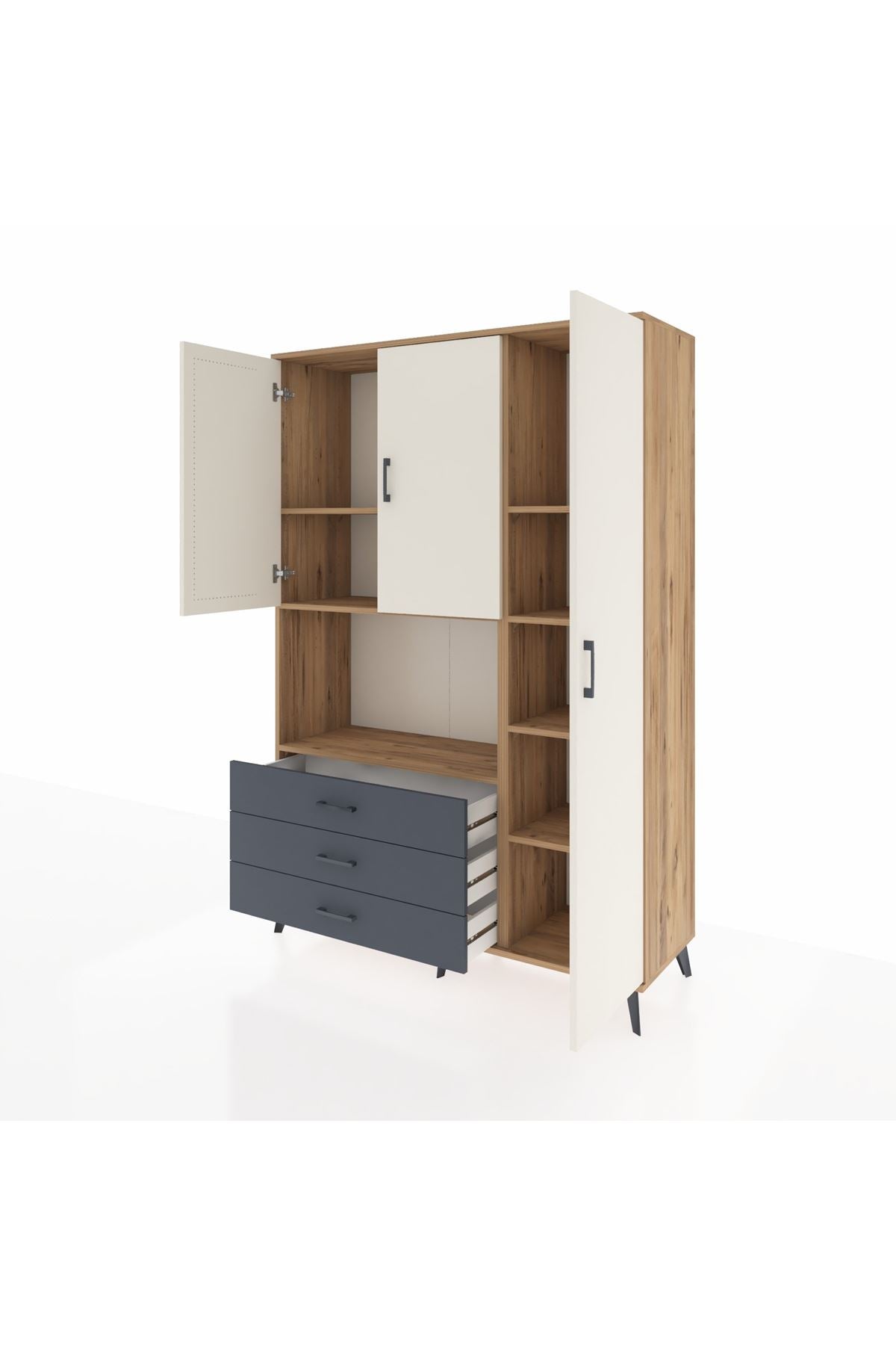 Hyperion Dolap 7 Raflı 3 Çekmeceli 3 Kapaklı 132x44x195 Çam-Aytaşı/Antrasit