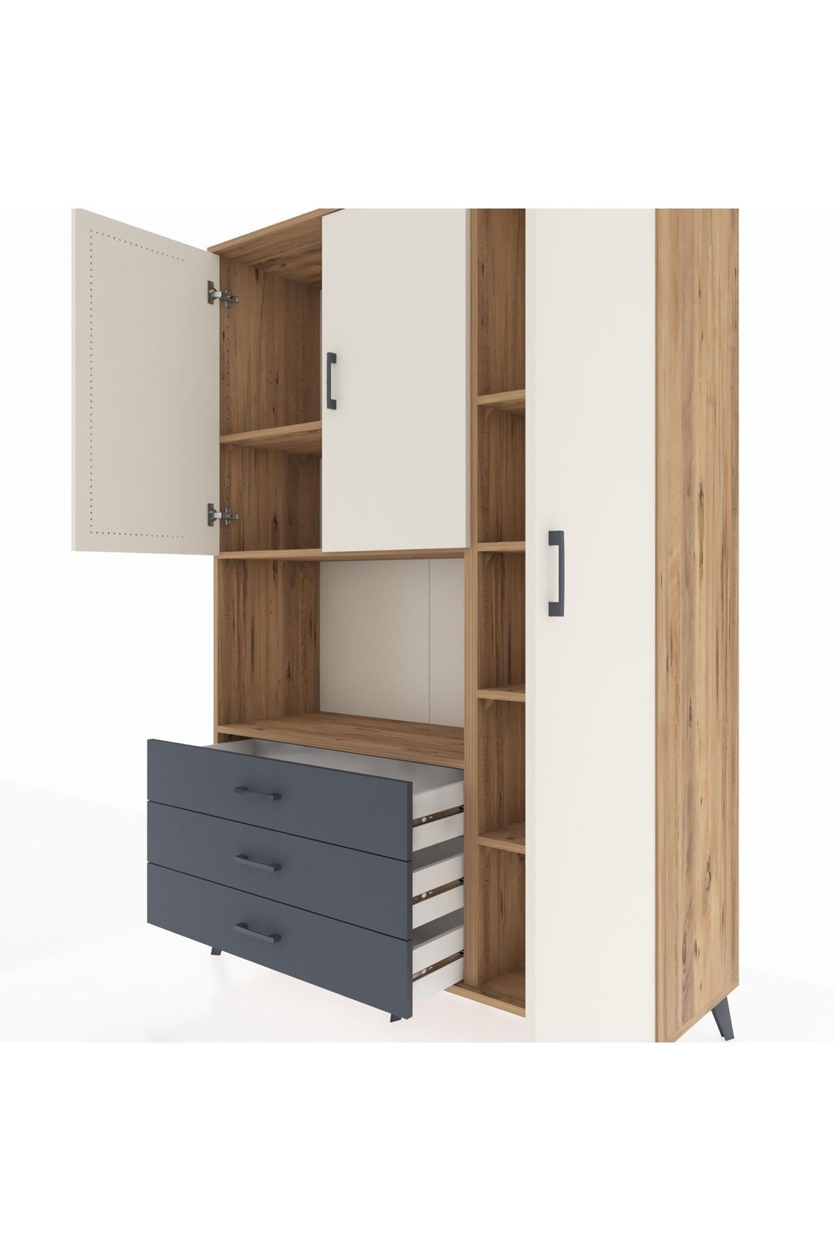 Hyperion Dolap 7 Raflı 3 Çekmeceli 3 Kapaklı 132x44x195 Çam-Aytaşı/Antrasit