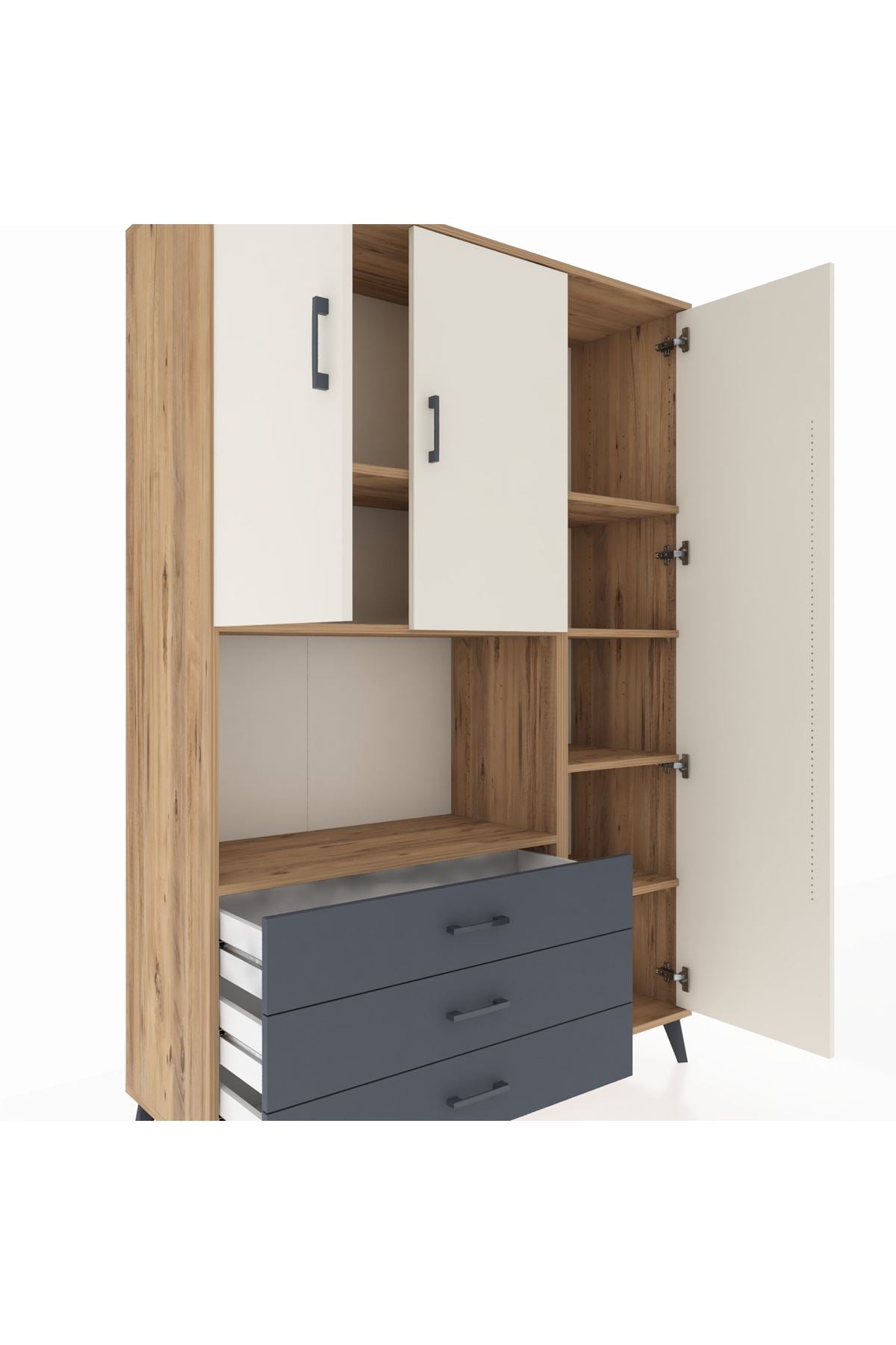 Hyperion Dolap 7 Raflı 3 Çekmeceli 3 Kapaklı 132x44x195 Çam-Aytaşı/Antrasit