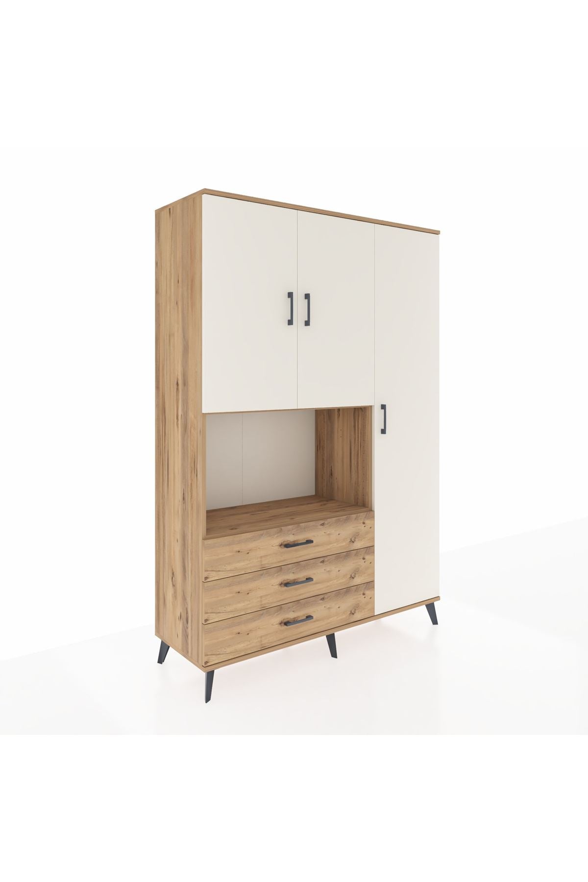 Hyperion Dolap 7 Raflı 3 Çekmeceli 3 Kapaklı 132x44x195 Çam-Aytaşı/Çam