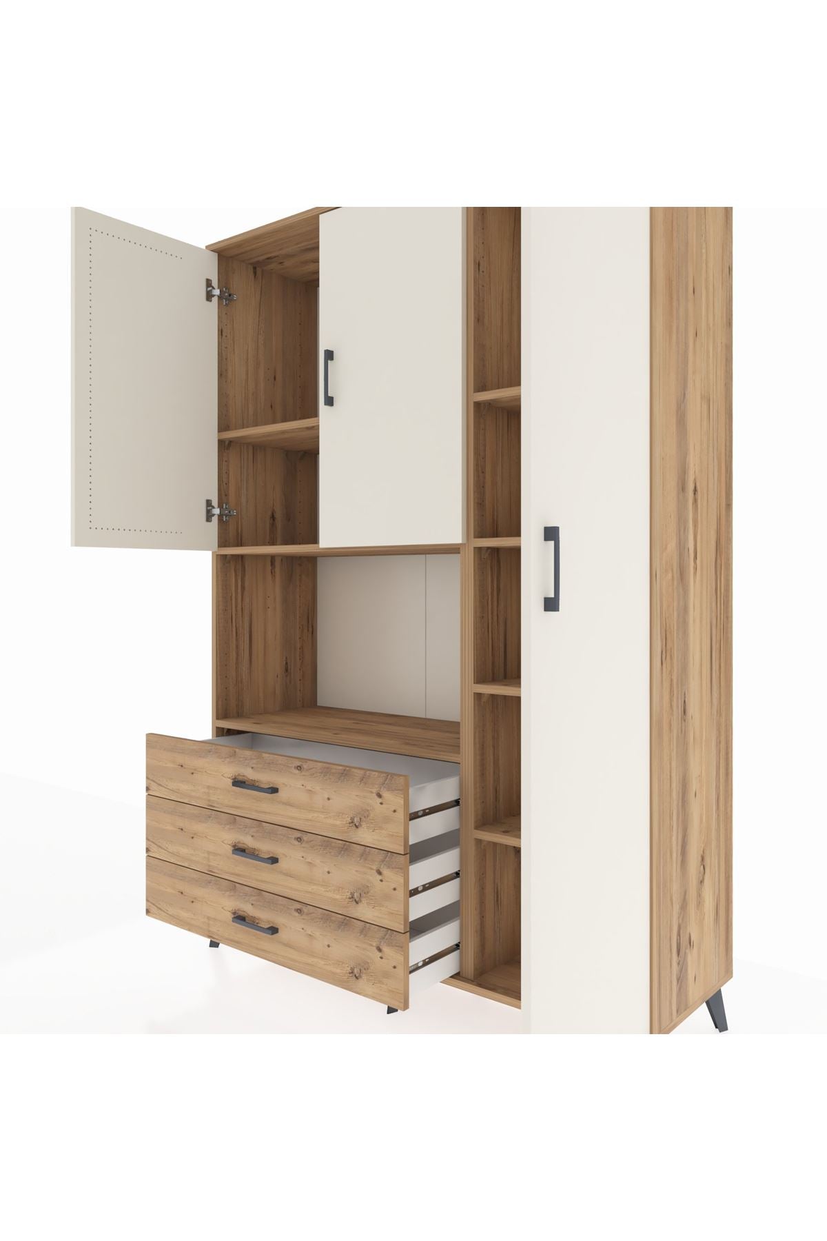 Hyperion Dolap 7 Raflı 3 Çekmeceli 3 Kapaklı 132x44x195 Çam-Aytaşı/Çam