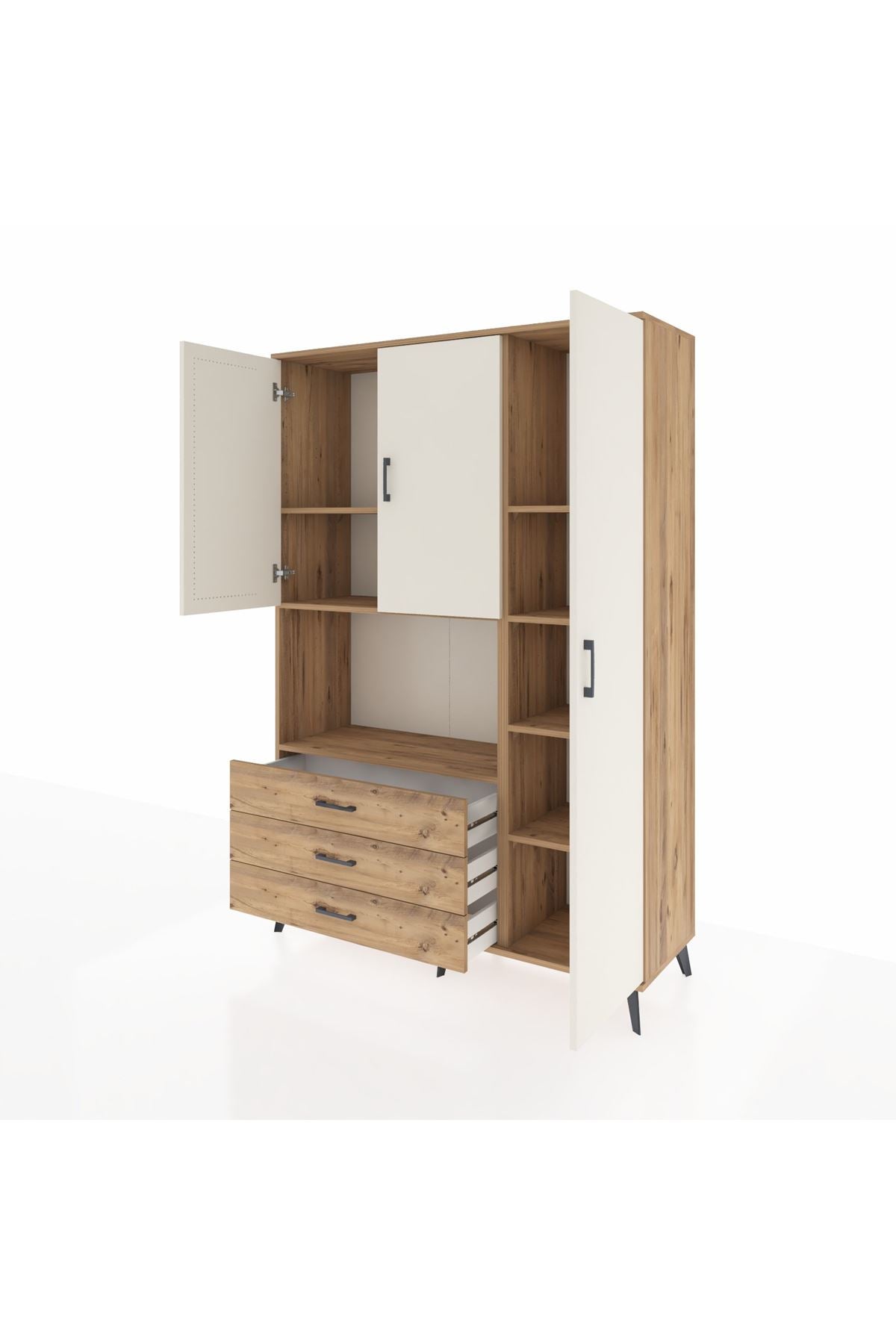 Hyperion Dolap 7 Raflı 3 Çekmeceli 3 Kapaklı 132x44x195 Çam-Aytaşı/Çam