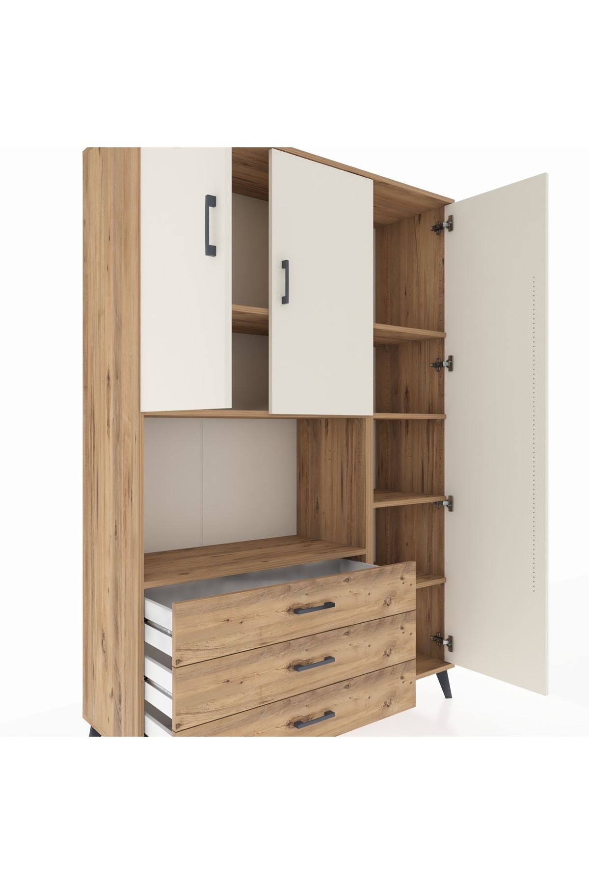 Hyperion Dolap 7 Raflı 3 Çekmeceli 3 Kapaklı 132x44x195 Çam-Aytaşı/Çam