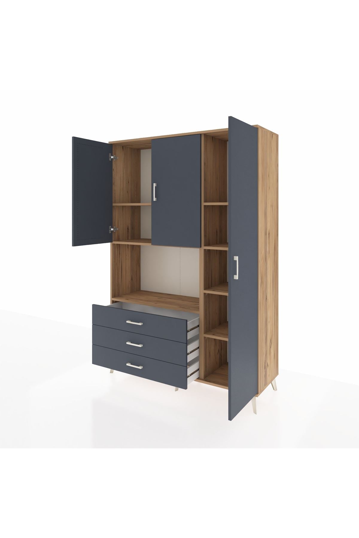 Hyperion Dolap 7 Raflı 3 Çekmeceli 3 Kapaklı 132x44x195 Çam-Antrasit/Antrasit