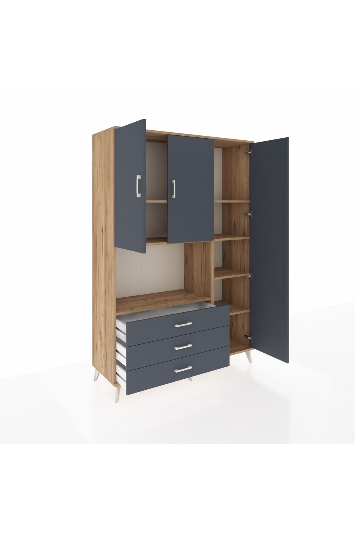 Hyperion Dolap 7 Raflı 3 Çekmeceli 3 Kapaklı 132x44x195 Çam-Antrasit/Antrasit