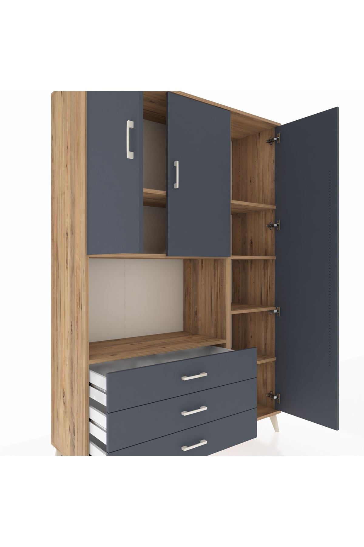 Hyperion Dolap 7 Raflı 3 Çekmeceli 3 Kapaklı 132x44x195 Çam-Antrasit/Antrasit