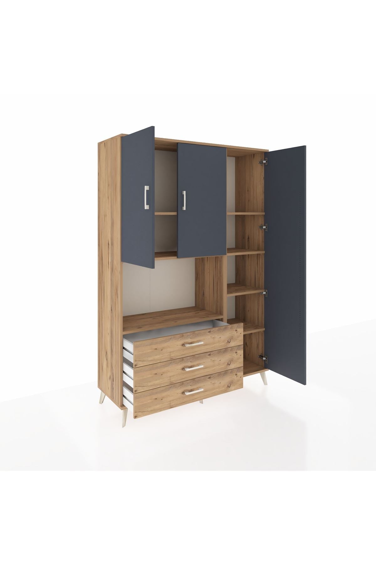 Hyperion Dolap 7 Raflı 3 Çekmeceli 3 Kapaklı 132x44x195 Çam-Antrasit/Çam