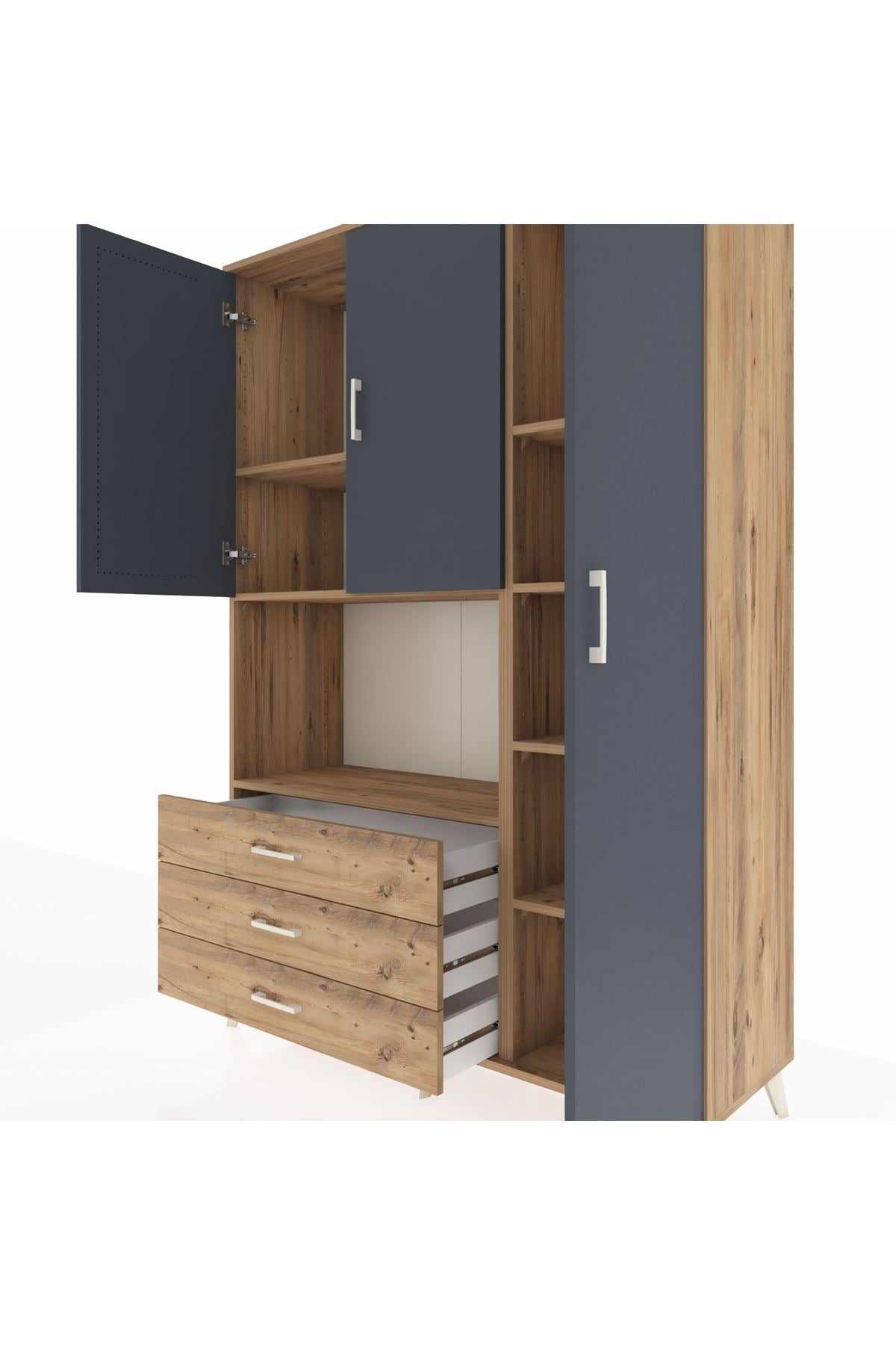 Hyperion Dolap 7 Raflı 3 Çekmeceli 3 Kapaklı 132x44x195 Çam-Antrasit/Çam