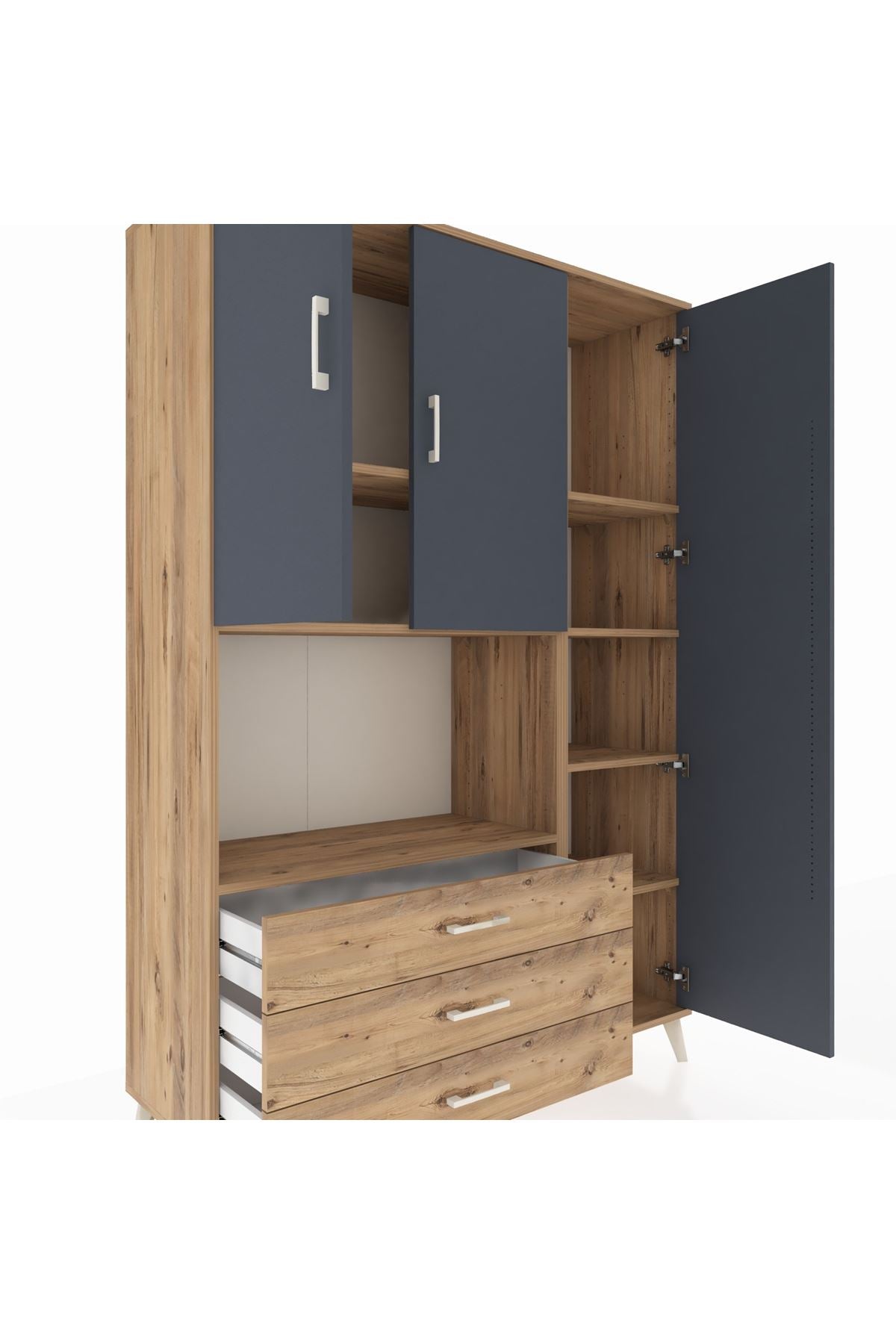 Hyperion Dolap 7 Raflı 3 Çekmeceli 3 Kapaklı 132x44x195 Çam-Antrasit/Çam