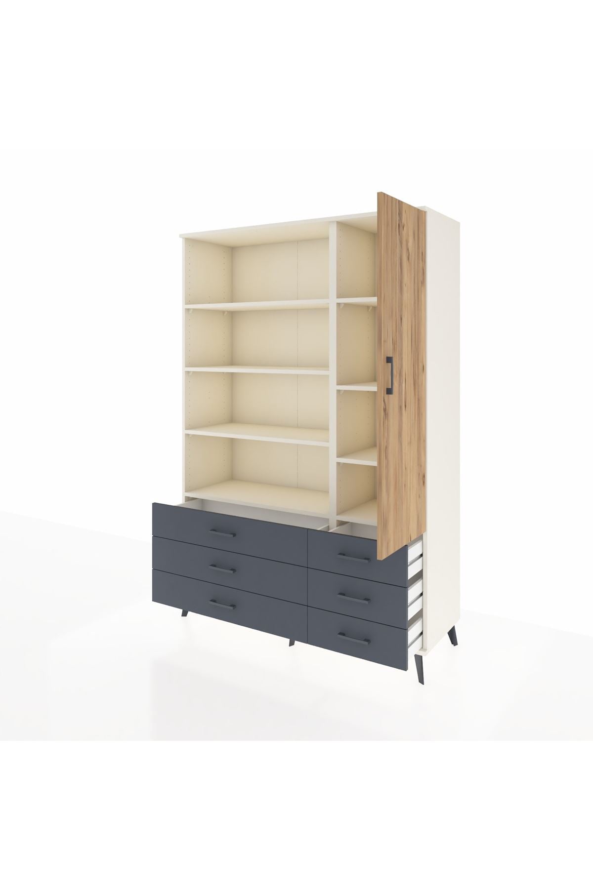 Hyperion Dolap 8 Raflı 6 Çekmeceli Tek Kapaklı  132x44x195 Aytaşı-Çam/Antrasit