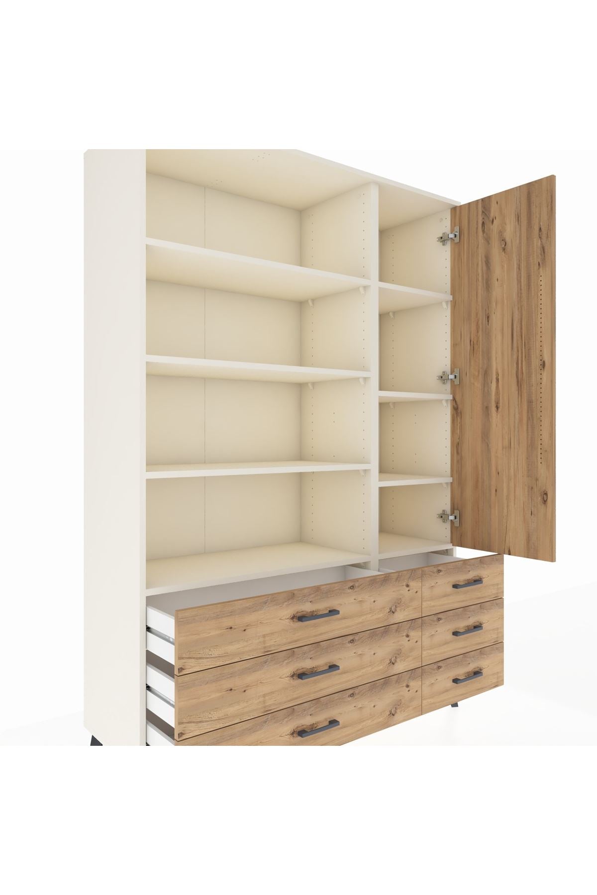 Hyperion Dolap 8 Raflı 6 Çekmeceli Tek Kapaklı  132x44x195 Aytaşı-Çam/Çam