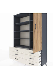 Hyperion Dolap 8 Raflı 6 Çekmeceli Tek Kapaklı  132x44x195 Antrasit-Çam/Aytaşı