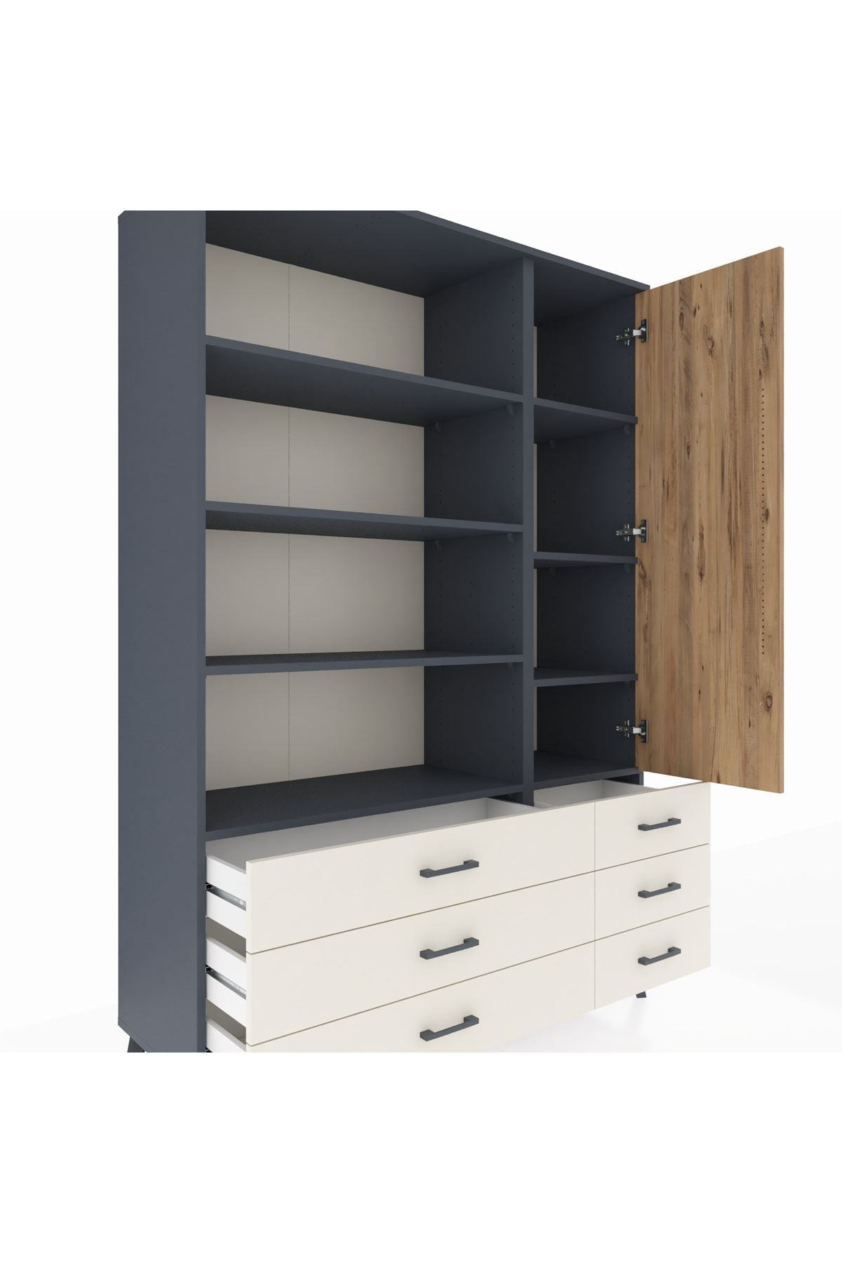 Hyperion Dolap 8 Raflı 6 Çekmeceli Tek Kapaklı  132x44x195 Antrasit-Çam/Aytaşı