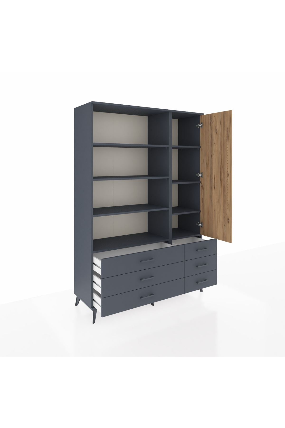 Hyperion Dolap 8 Raflı 6 Çekmeceli Tek Kapaklı  132x44x195 Antrasit-Çam/Antrasit