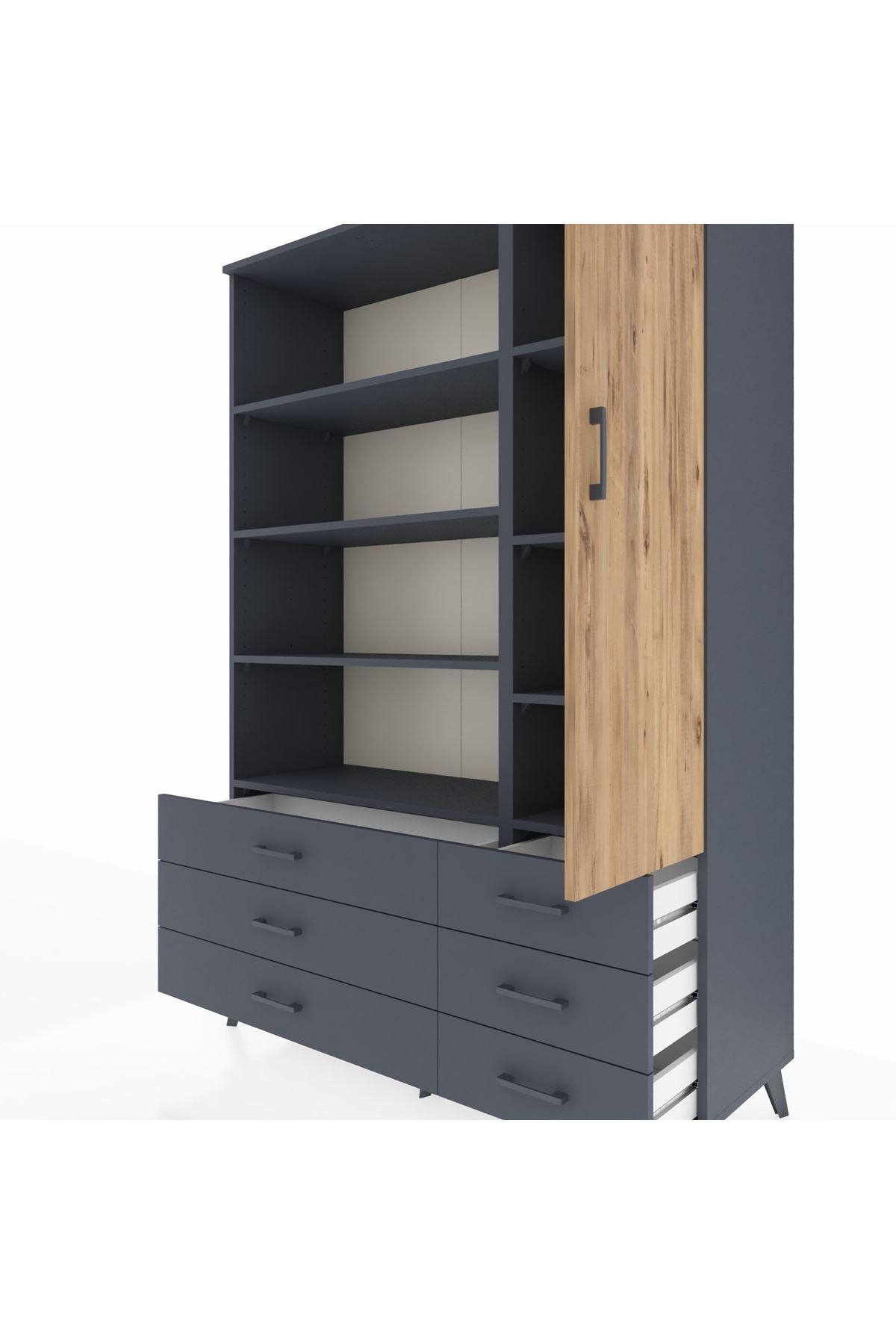 Hyperion Dolap 8 Raflı 6 Çekmeceli Tek Kapaklı  132x44x195 Antrasit-Çam/Antrasit