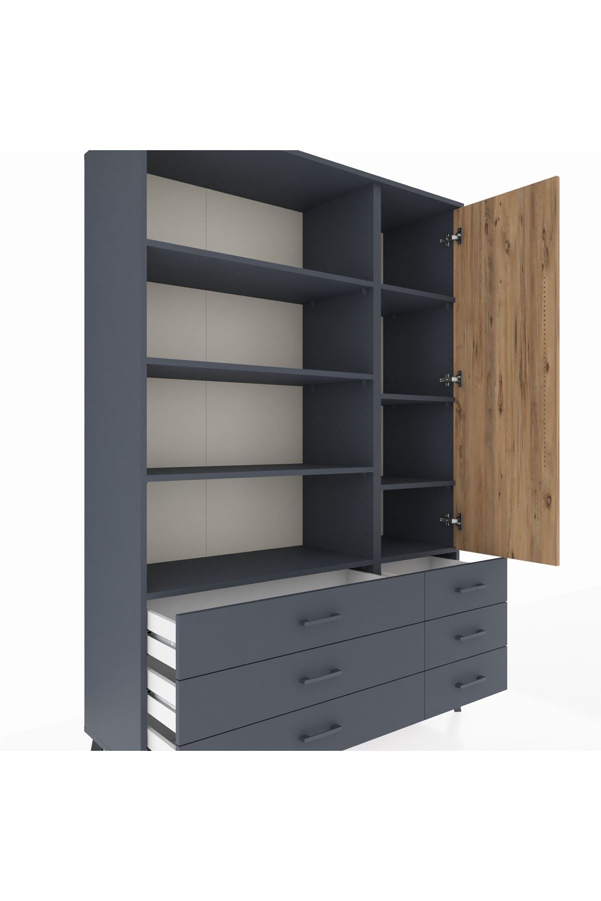 Hyperion Dolap 8 Raflı 6 Çekmeceli Tek Kapaklı  132x44x195 Antrasit-Çam/Antrasit