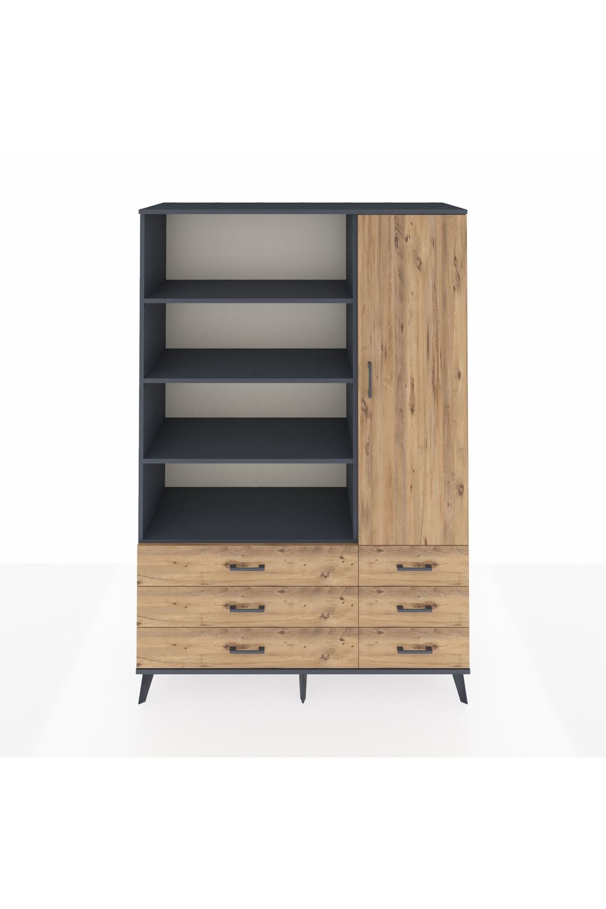 Hyperion Dolap 8 Raflı 6 Çekmeceli Tek Kapaklı  132x44x195 Antrasit-Çam/Çam