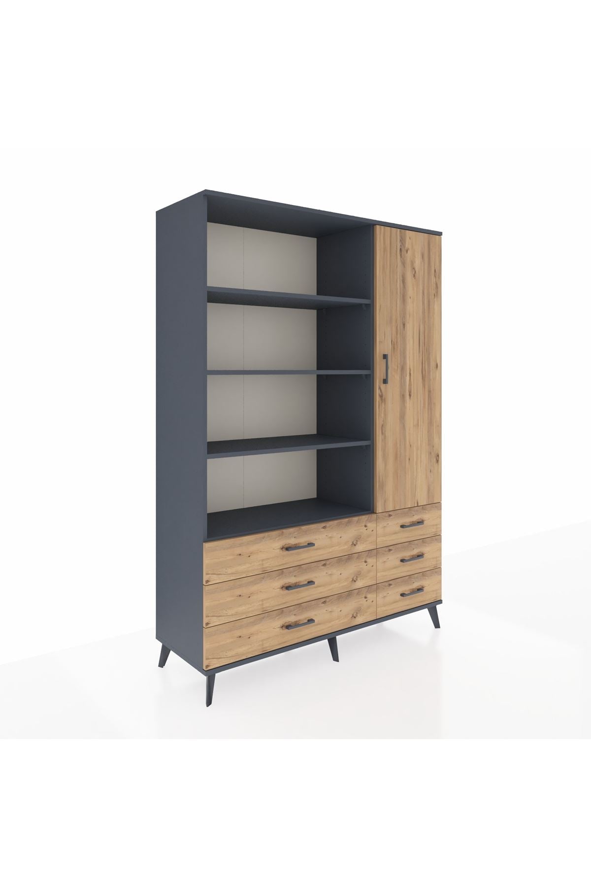 Hyperion Dolap 8 Raflı 6 Çekmeceli Tek Kapaklı  132x44x195 Antrasit-Çam/Çam