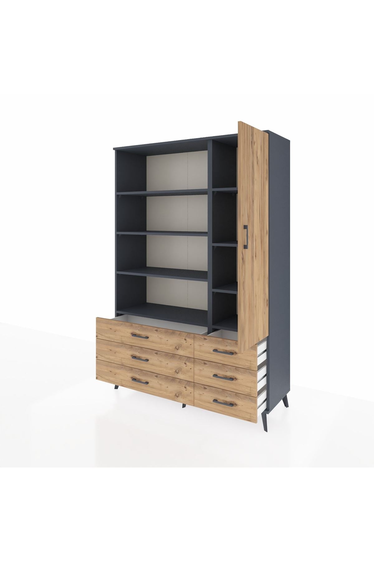 Hyperion Dolap 8 Raflı 6 Çekmeceli Tek Kapaklı  132x44x195 Antrasit-Çam/Çam